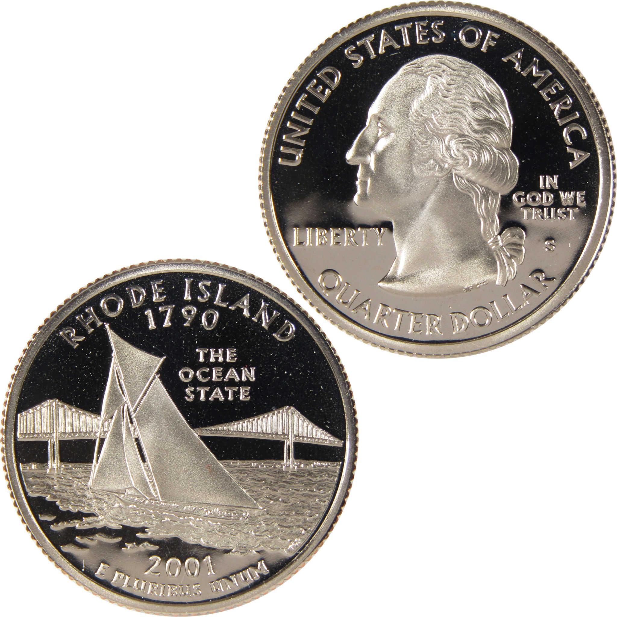 2001 Rhode Island state quarter collectible coin with sailboat and bridge design