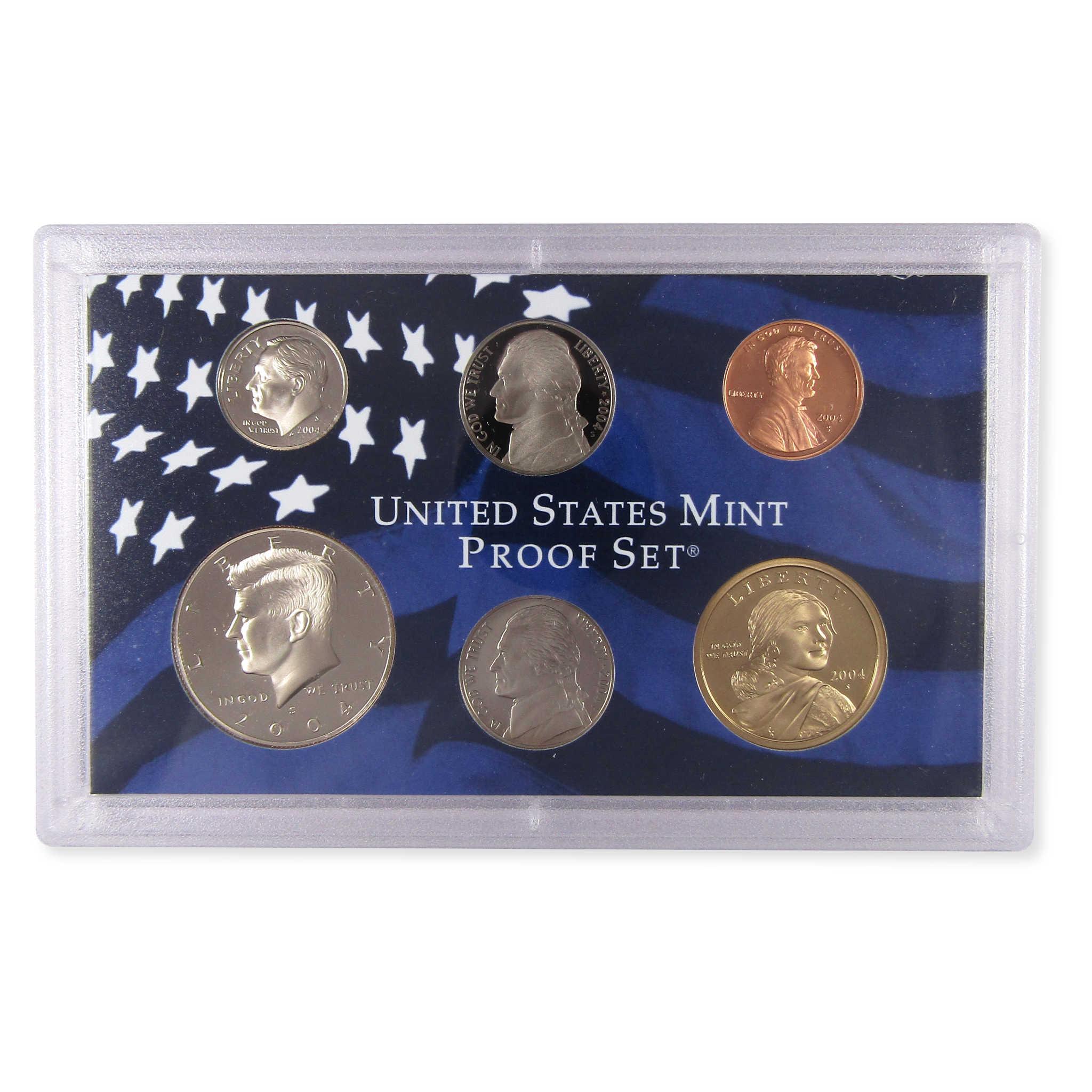 United States Mint proof coin set in display case with patriotic background