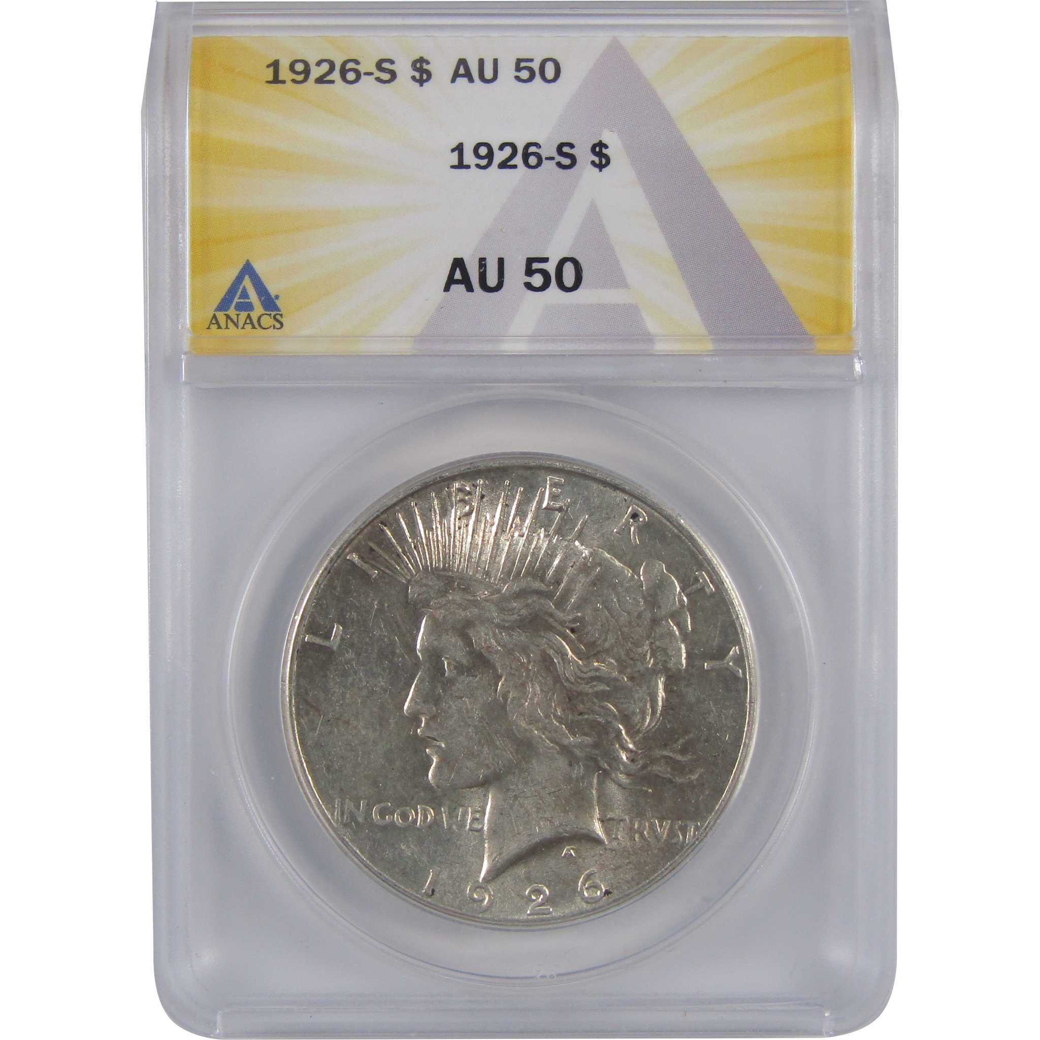 1926 S Peace Dollar AU 50 ANACS Silver $1 Coin SKU:I18607