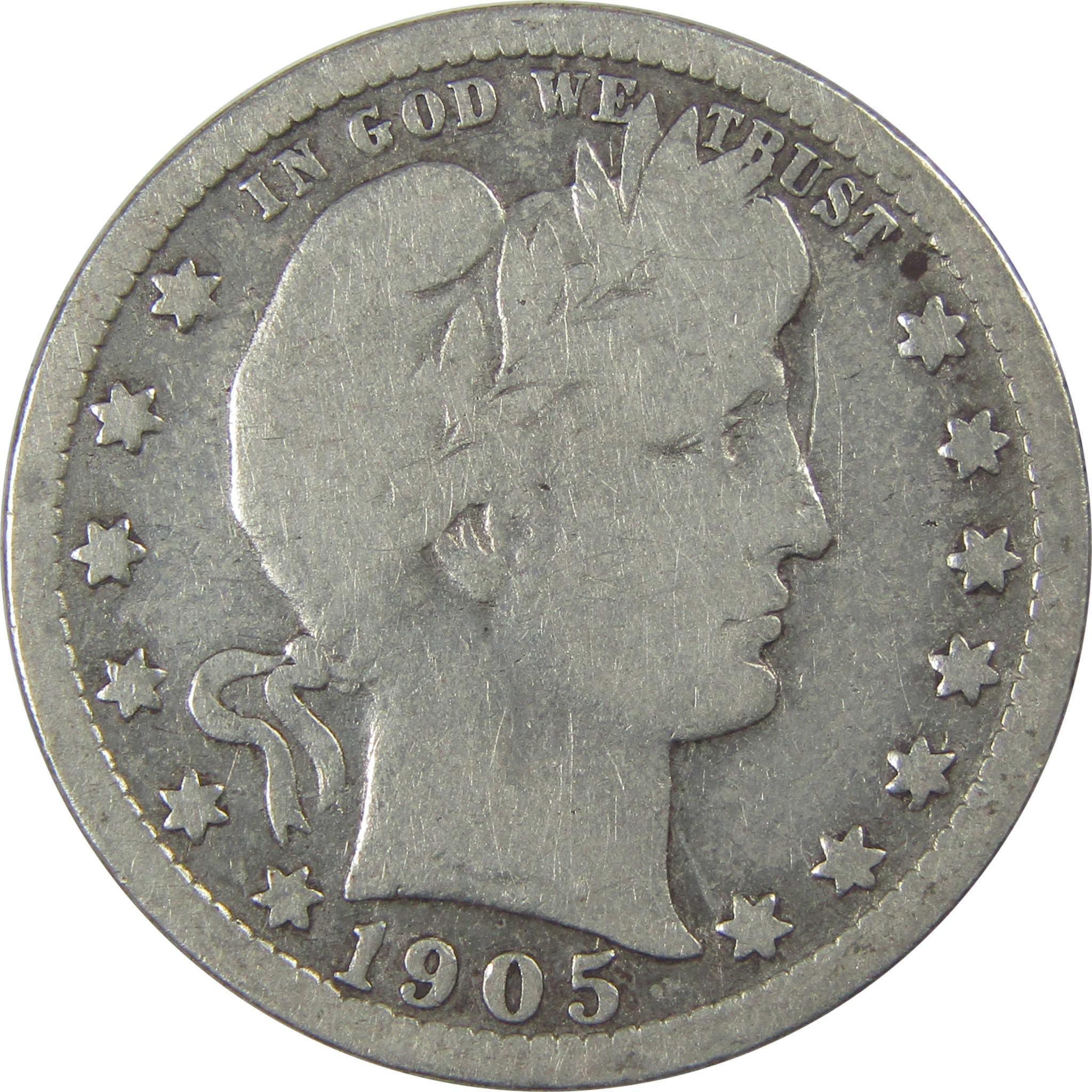 1905 Barber Quarter G Good Details Silver 25c Coin SKU:I21813