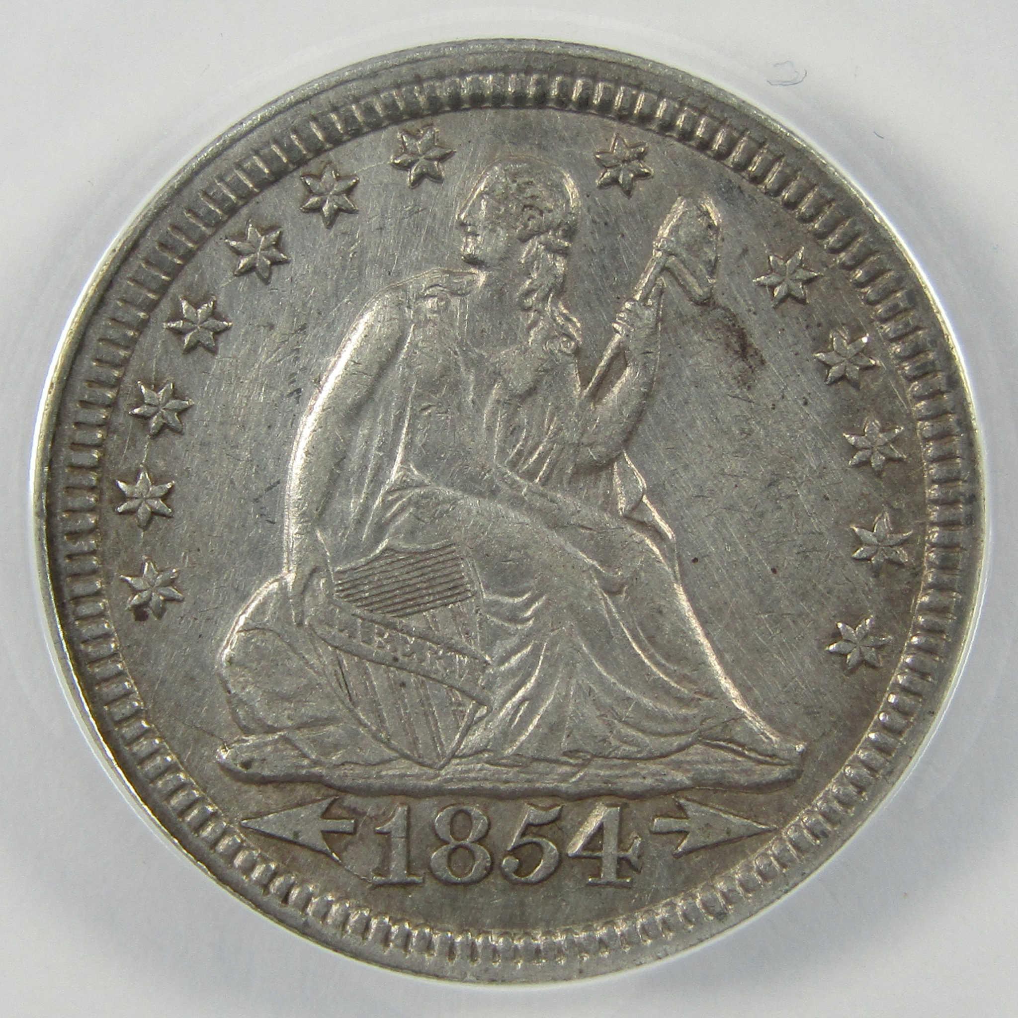 1854 Seated Liberty Silver Quarter AU 50 Details ANACS SKU:I24436