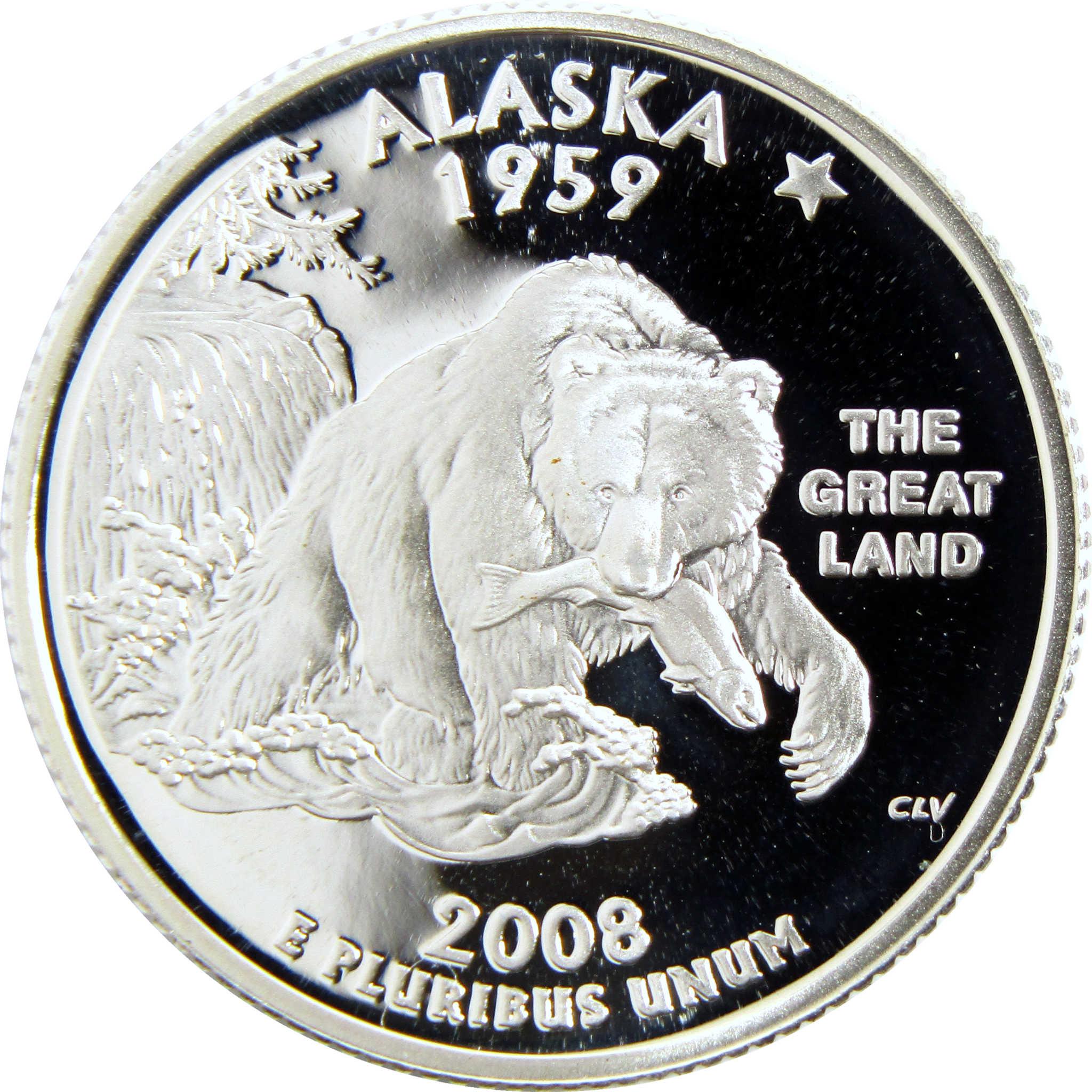 Alaska 2008 collectible coin featuring a grizzly bear with salmon, The Great Land engraving