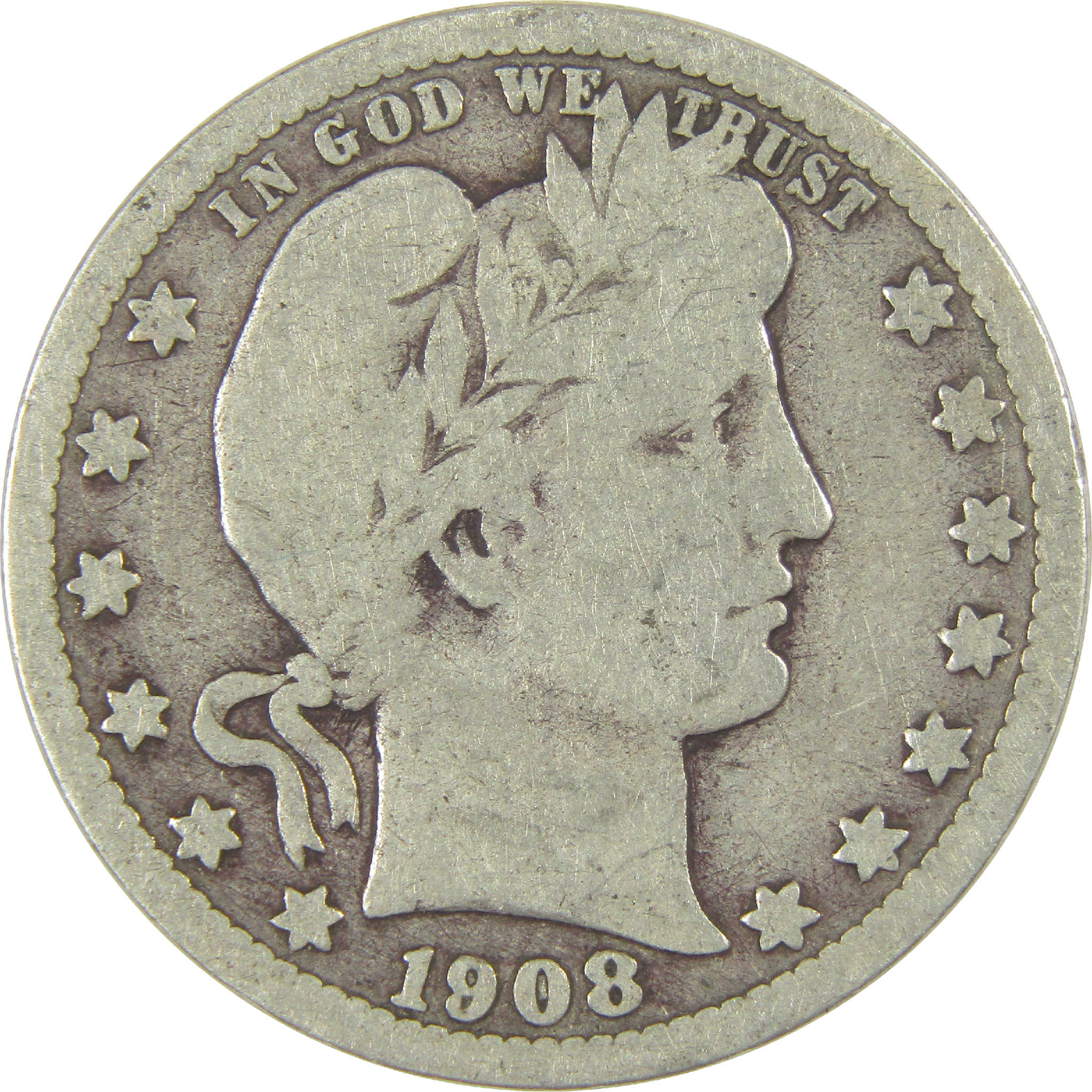 1908 D Barber Quarter G Good Silver 25c Coin