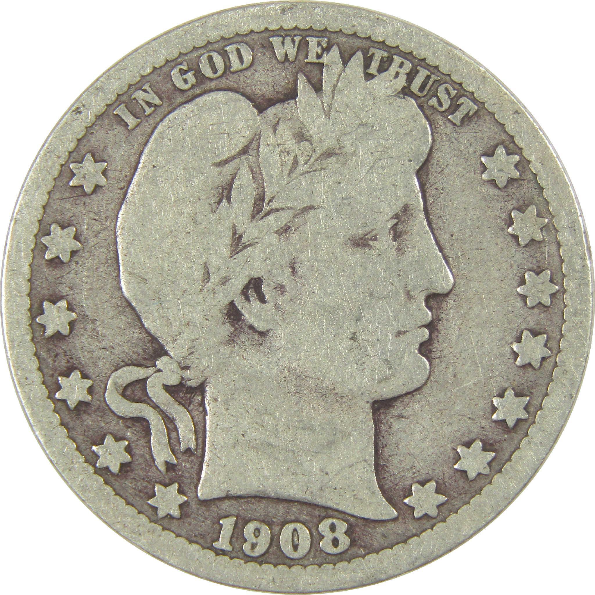 1908 D Barber Quarter G Good Silver 25c Coin