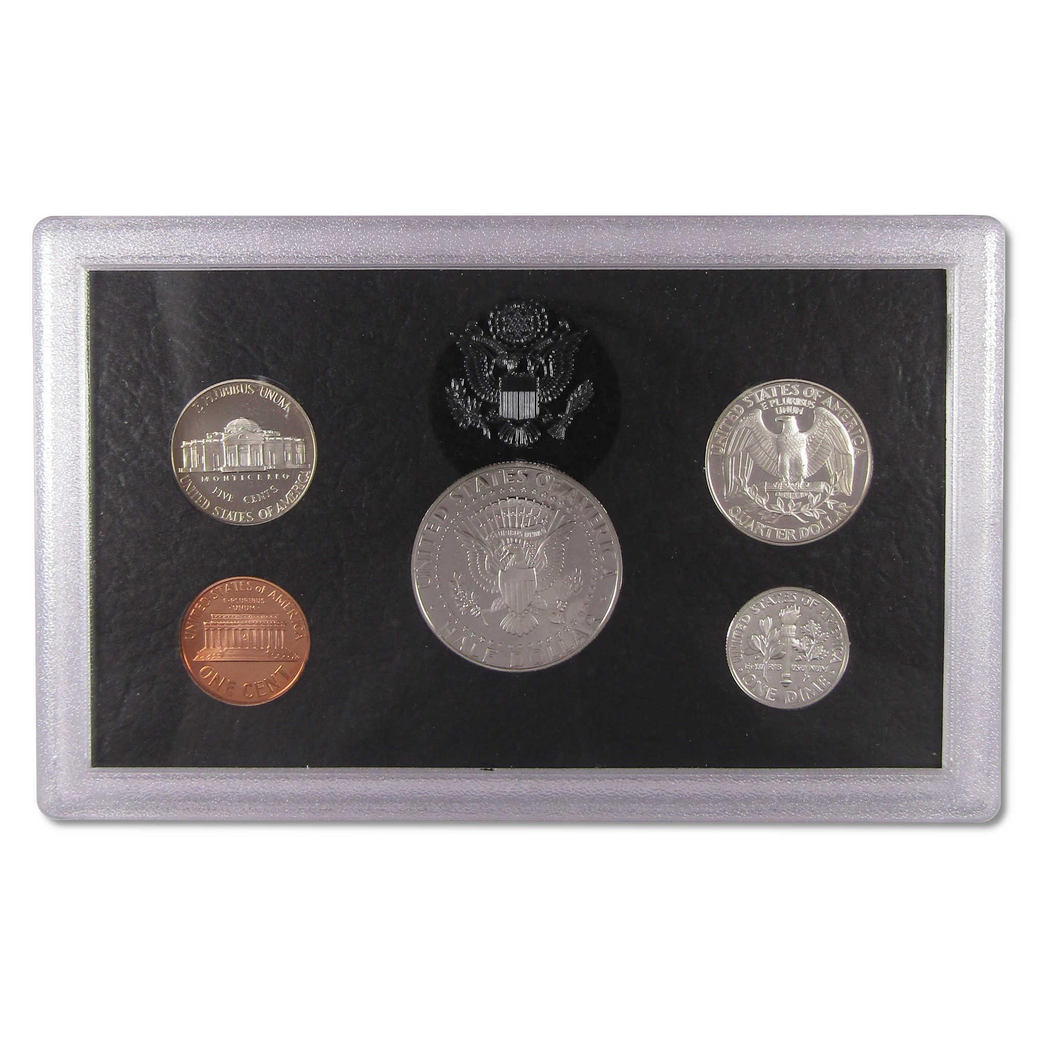US coin set in protective display case with penny, nickel, dime, quarter, half dollar