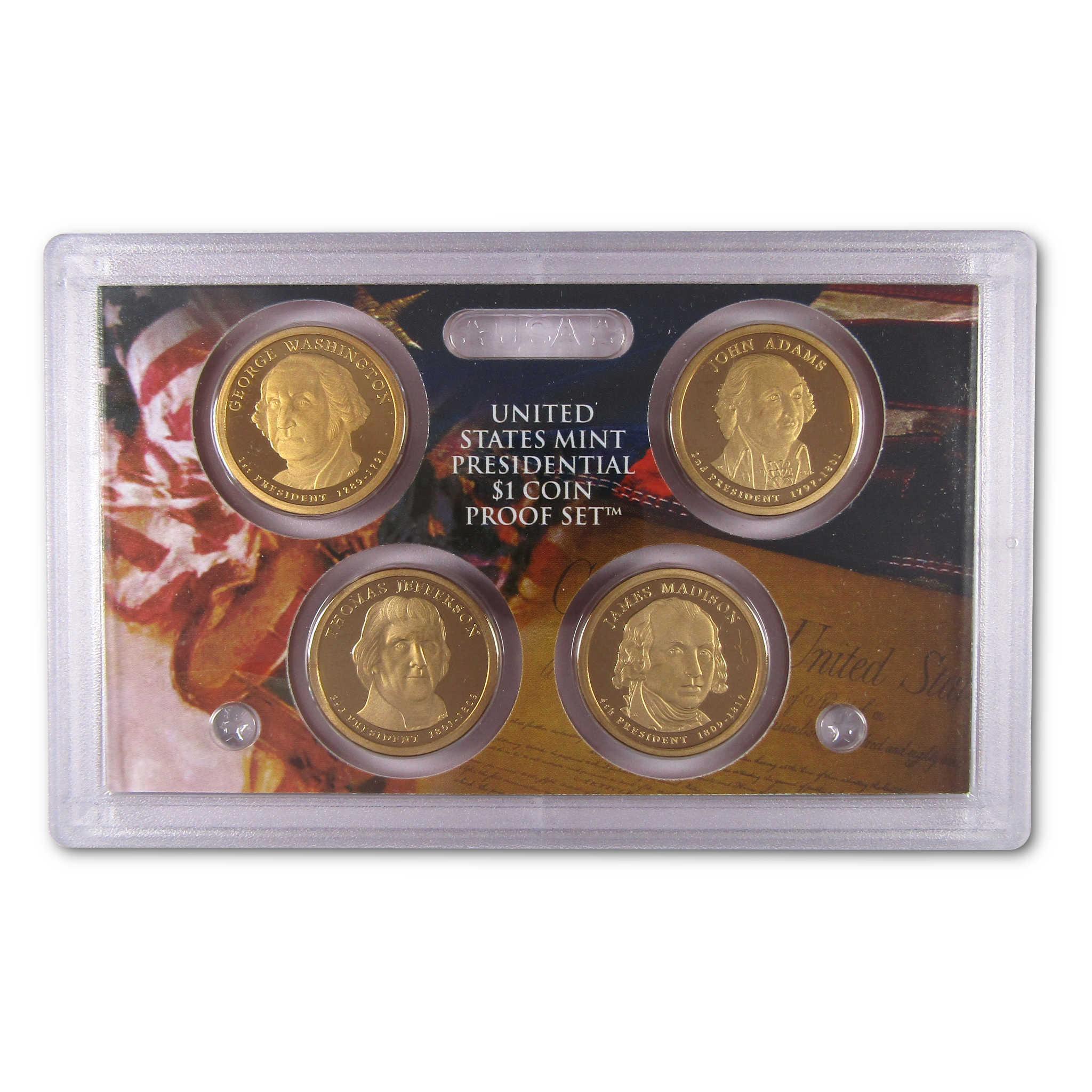 United States Mint Presidential $1 Coin Proof Set featuring four gold-colored collectible coins