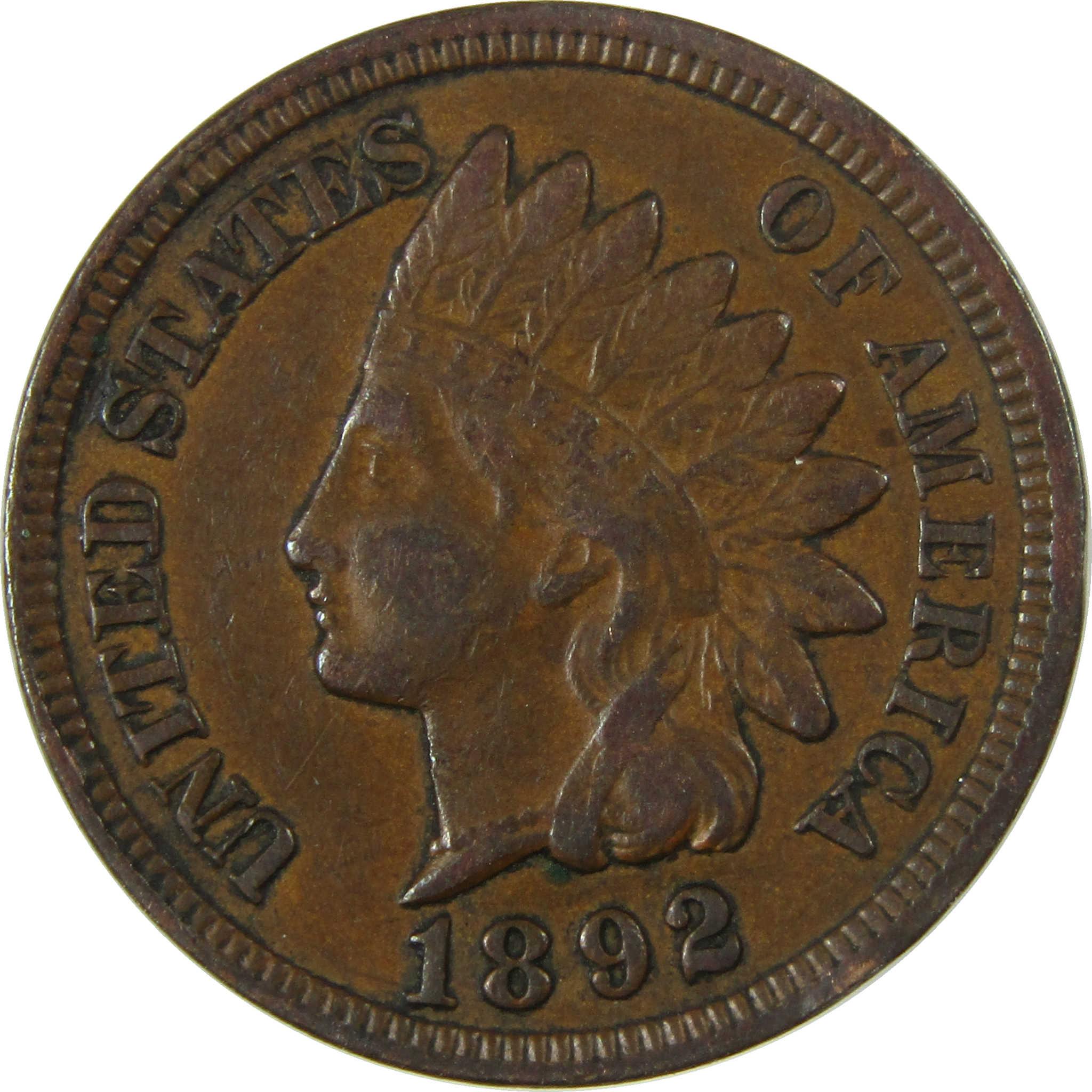 1892 Indian Head Cent AU About Uncirculated Penny 1c Coin SKU:I26930