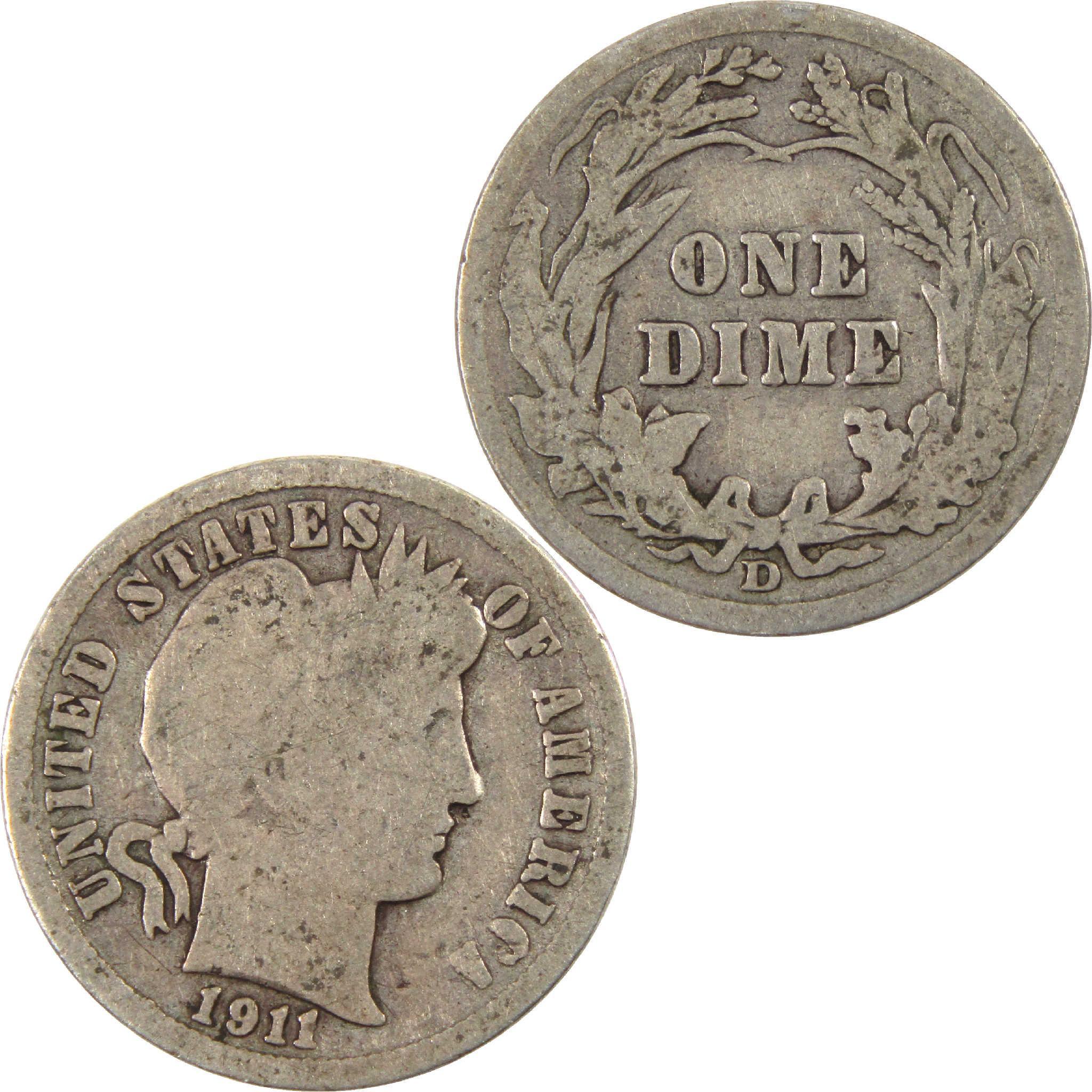 1911 D Barber Dime Circulated Silver 10c Coin Collectible