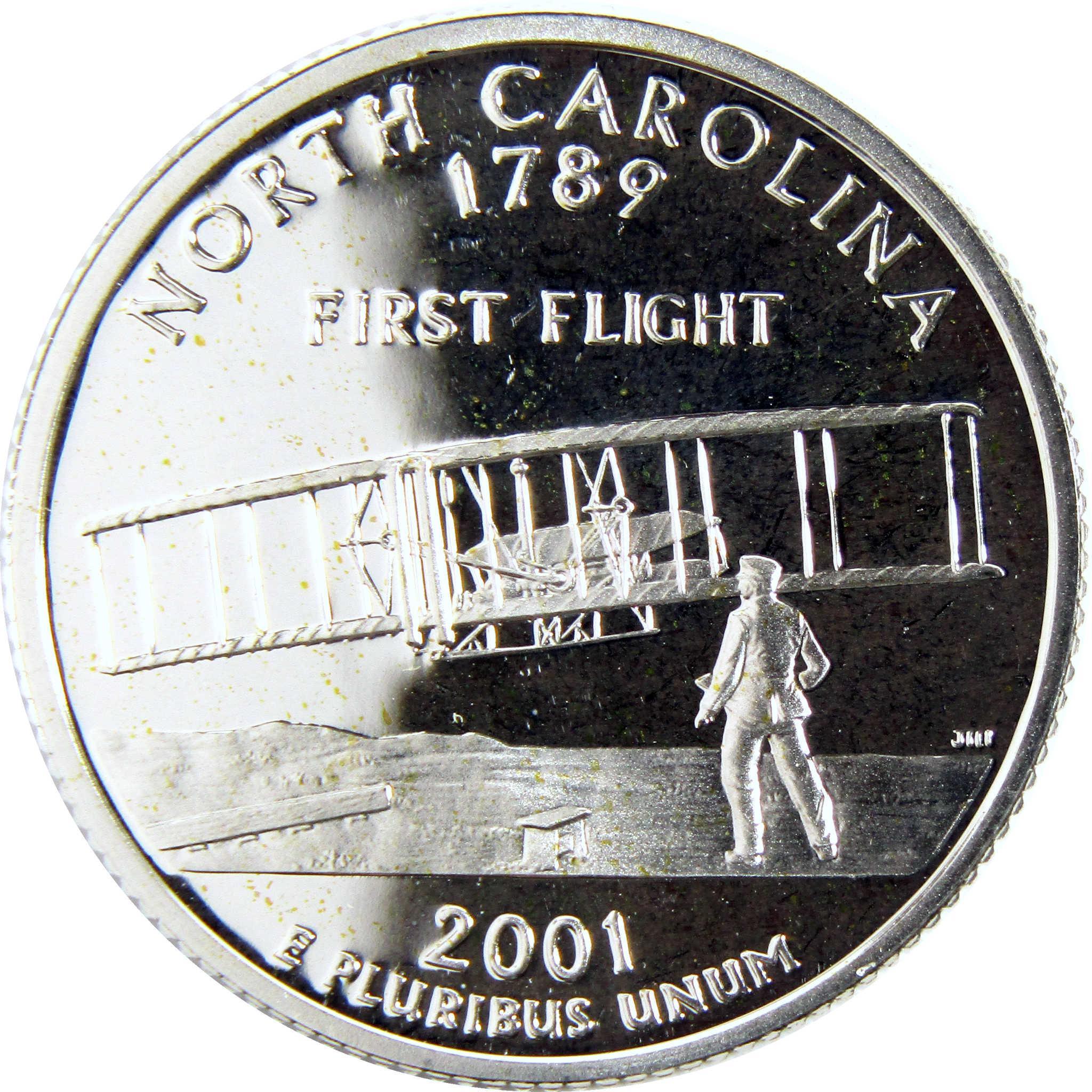 2001 North Carolina state quarter featuring Wright brothers' first flight design