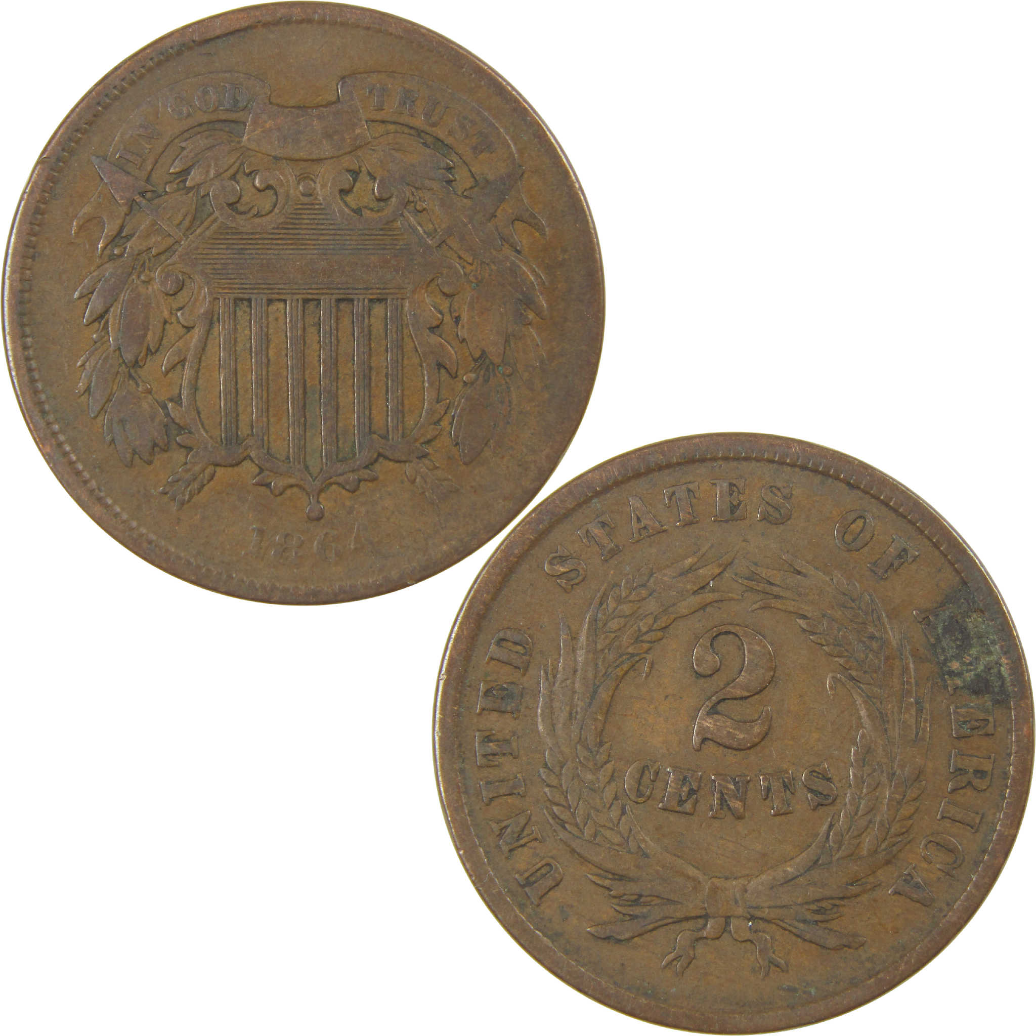 1864 Large Motto Two Cent Piece F Fine 2c Coin