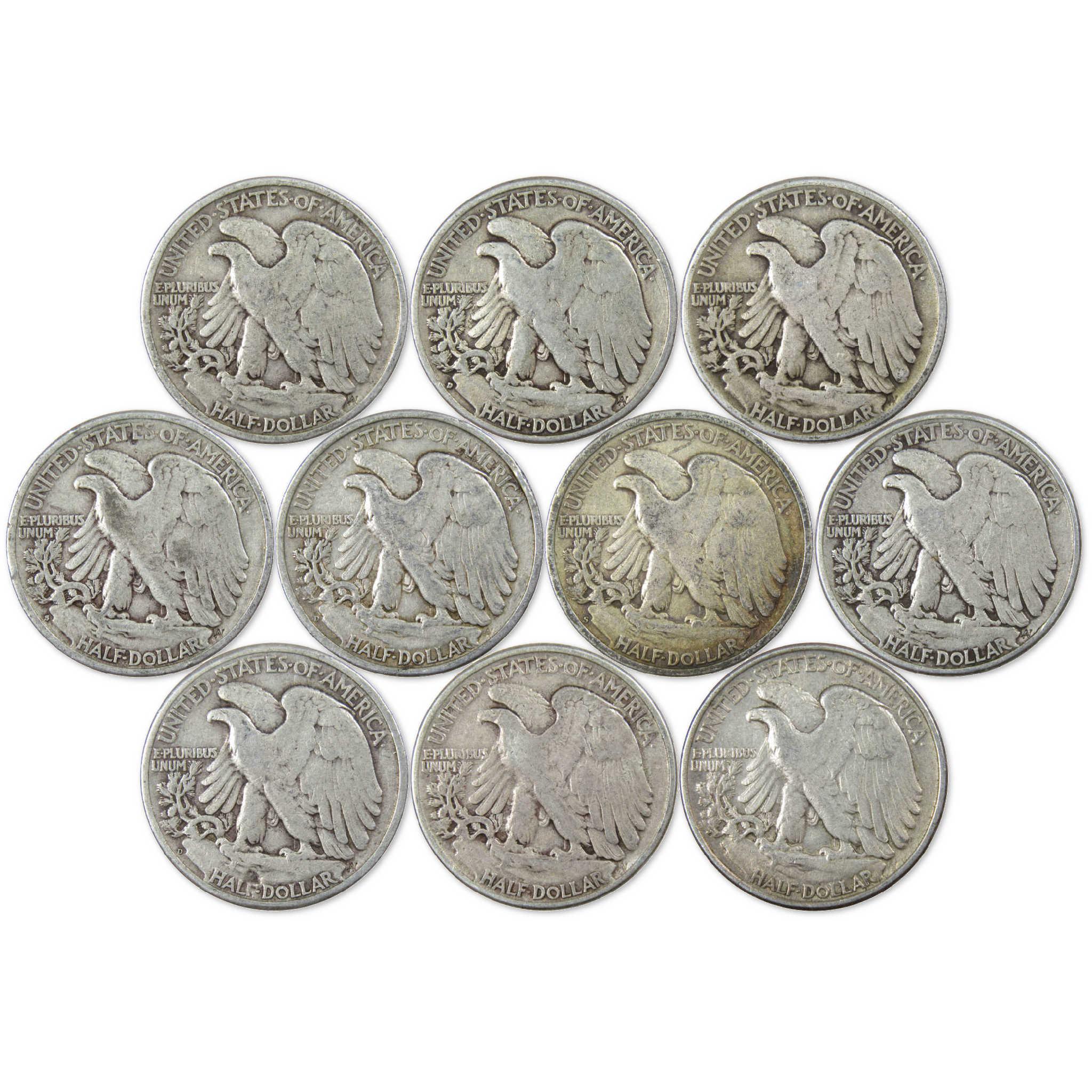 Ten vintage Walking Liberty half dollar coins with eagle reverse design, collectible US silver coins.