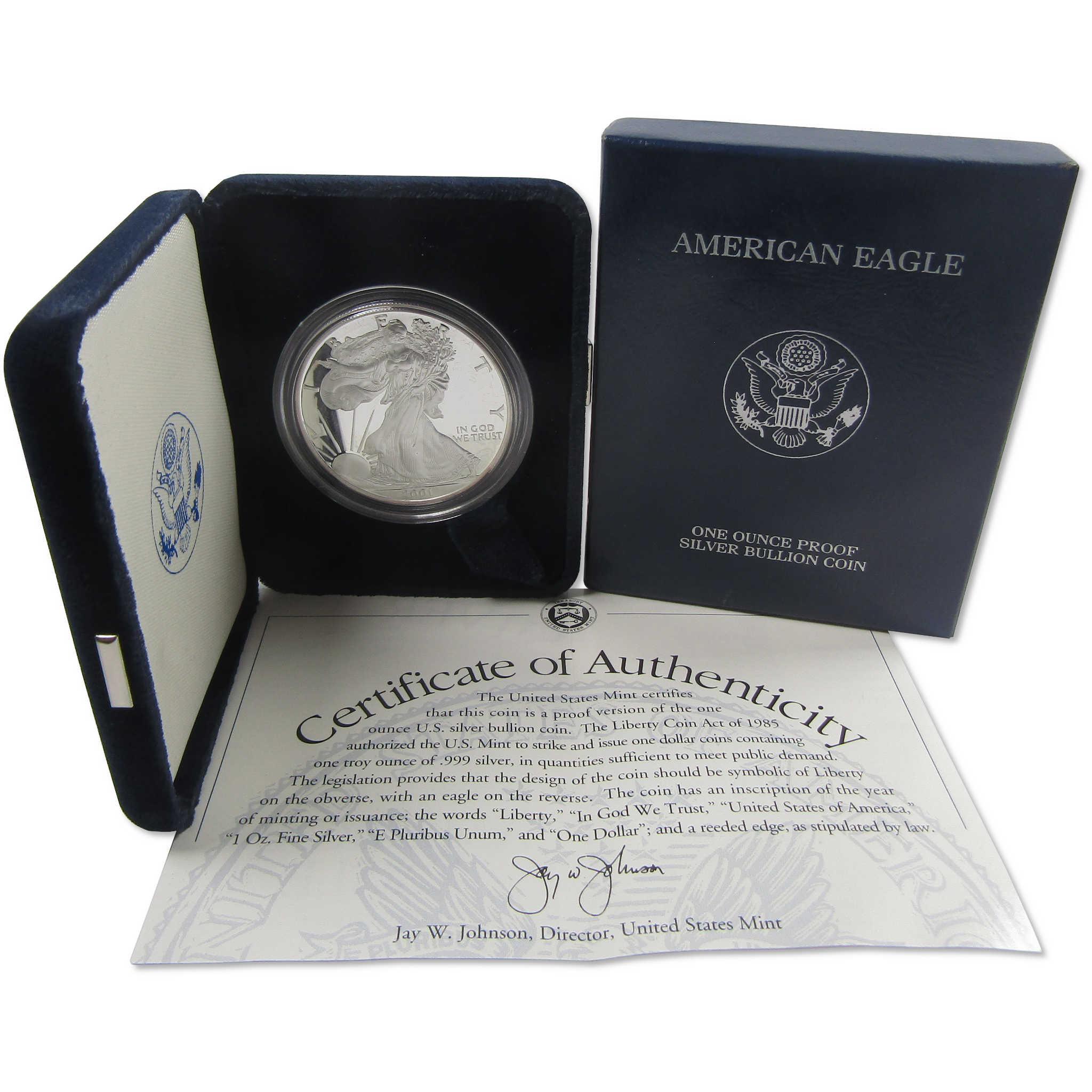 2001 W American Silver Eagle Choice Proof Bullion $1 Coin OGP COA