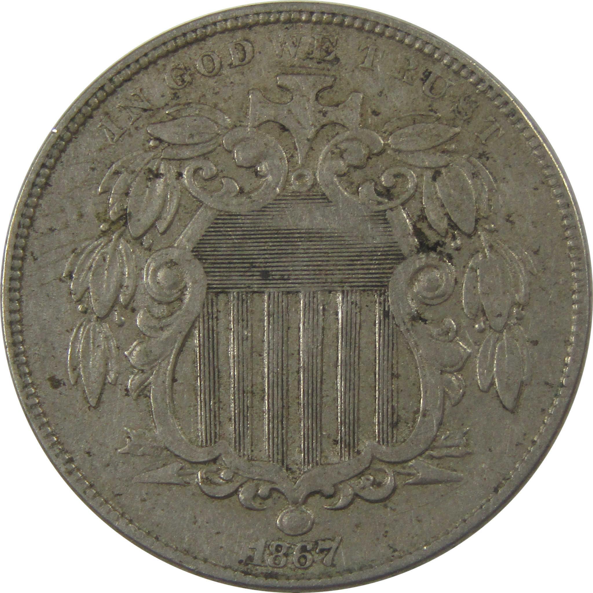 1867 No Rays Shield 5c XF EF Extremely Fine Cud Mint Error SKU:I24569