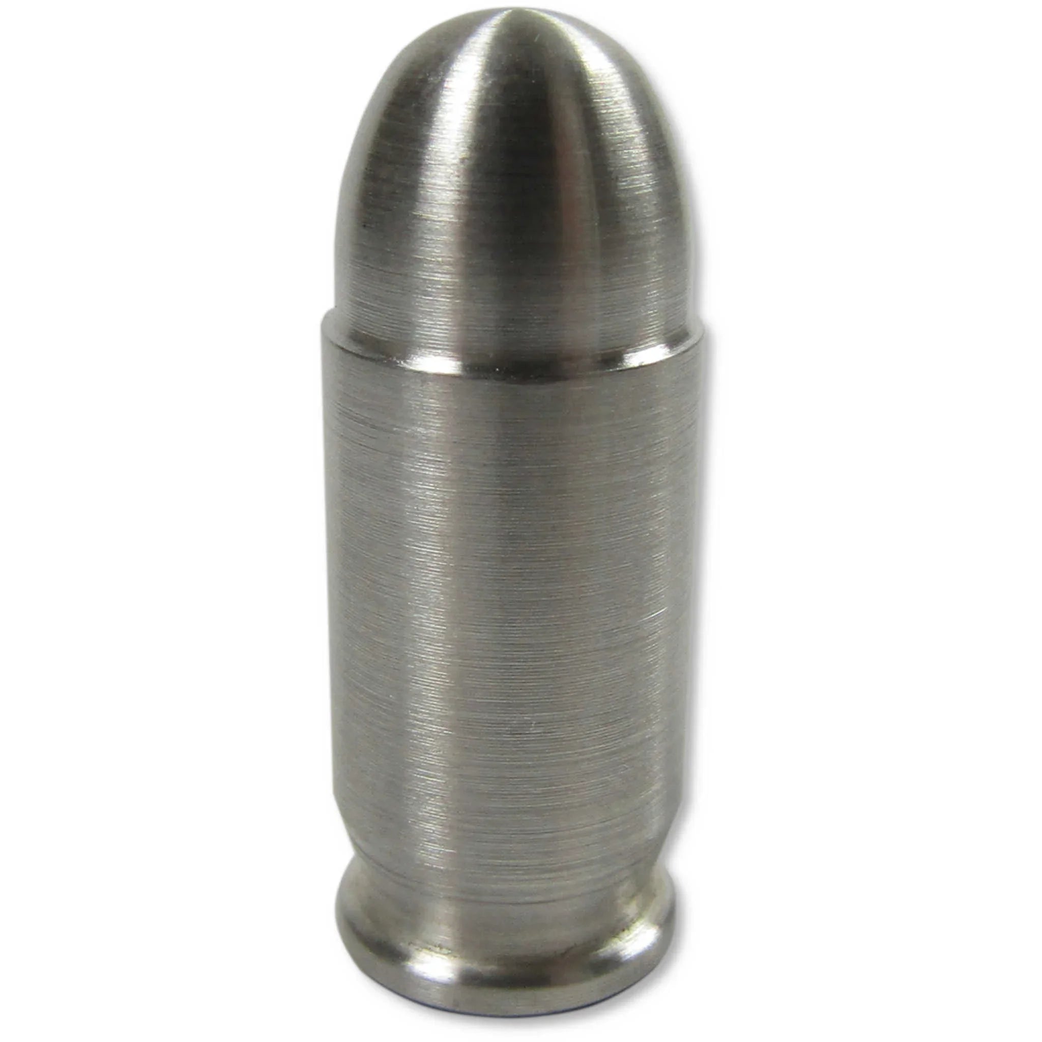 Silver bullet-shaped collectible coin on white background