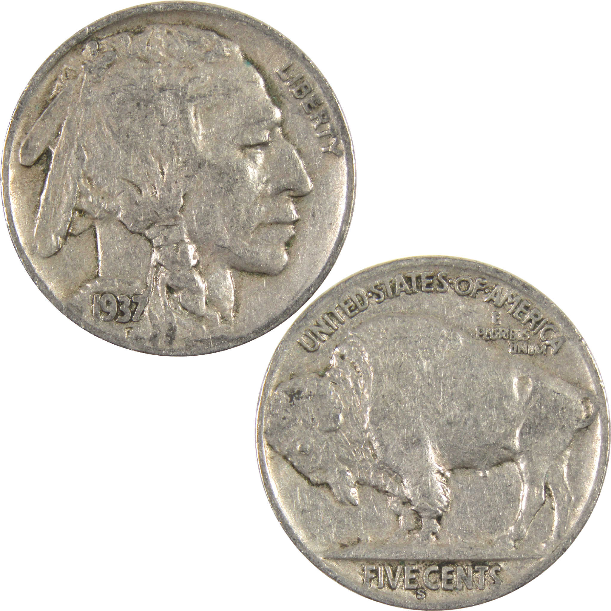 1937 S Indian Head Buffalo Nickel F Fine 5c Coin