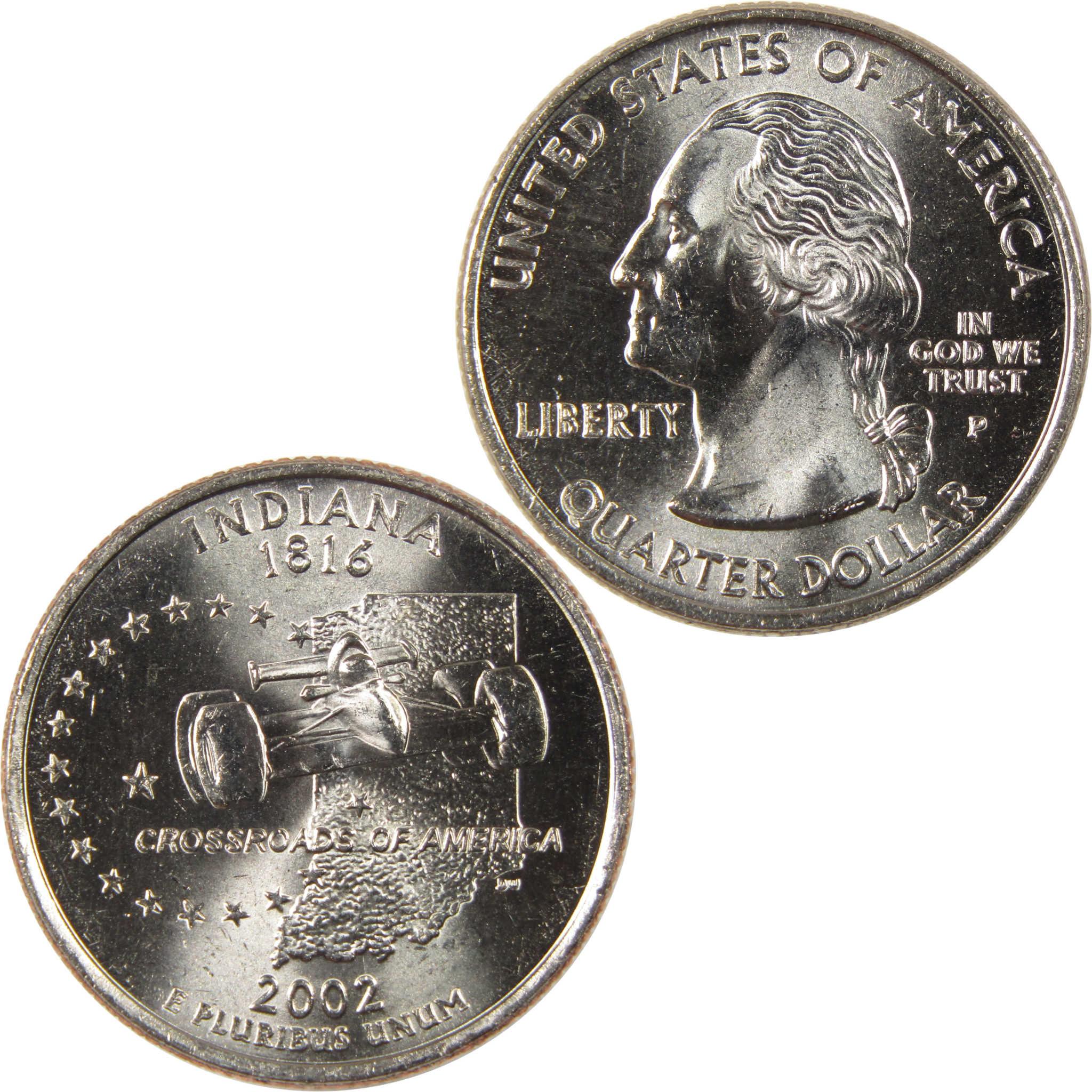 2002 Indiana state quarter collectible coin with George Washington and race car design