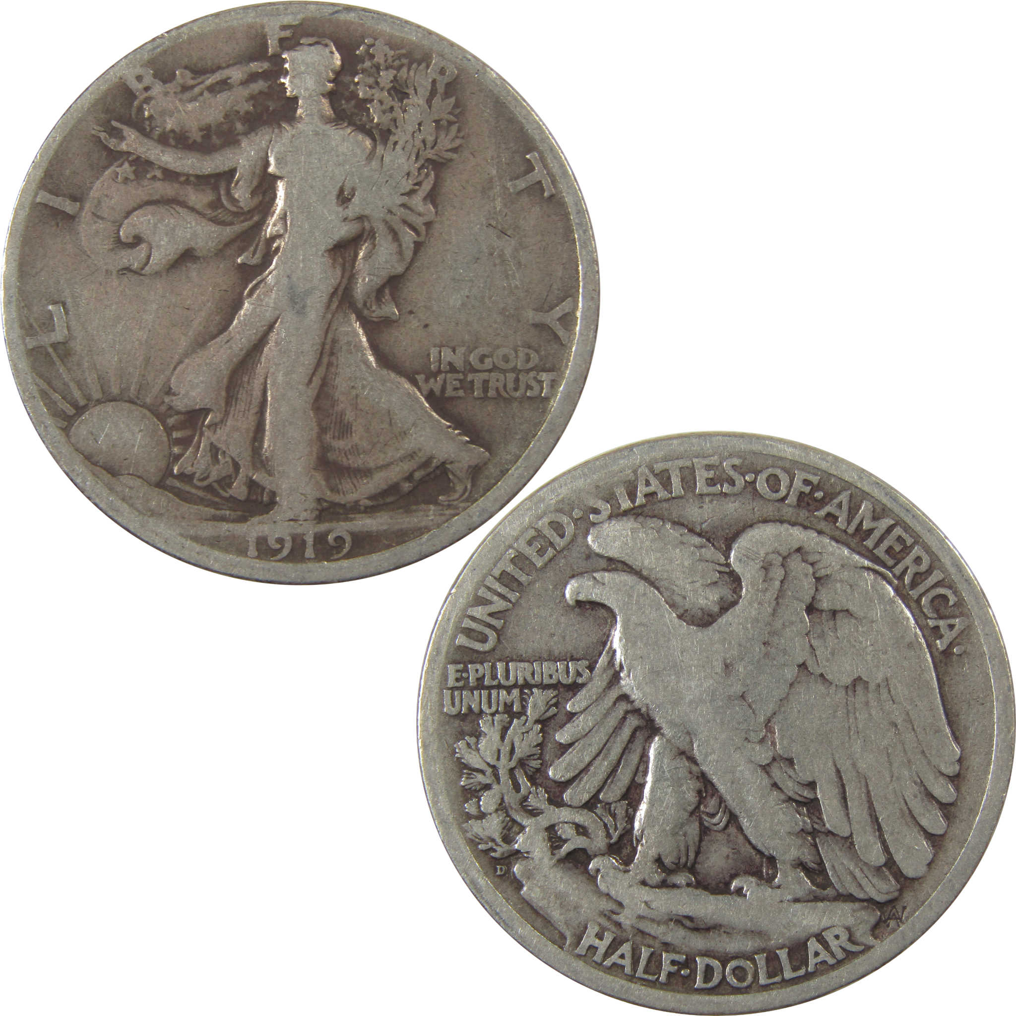 1919 D Liberty Walking Silver Half Dollar VG 50c Coin SKU:I24497