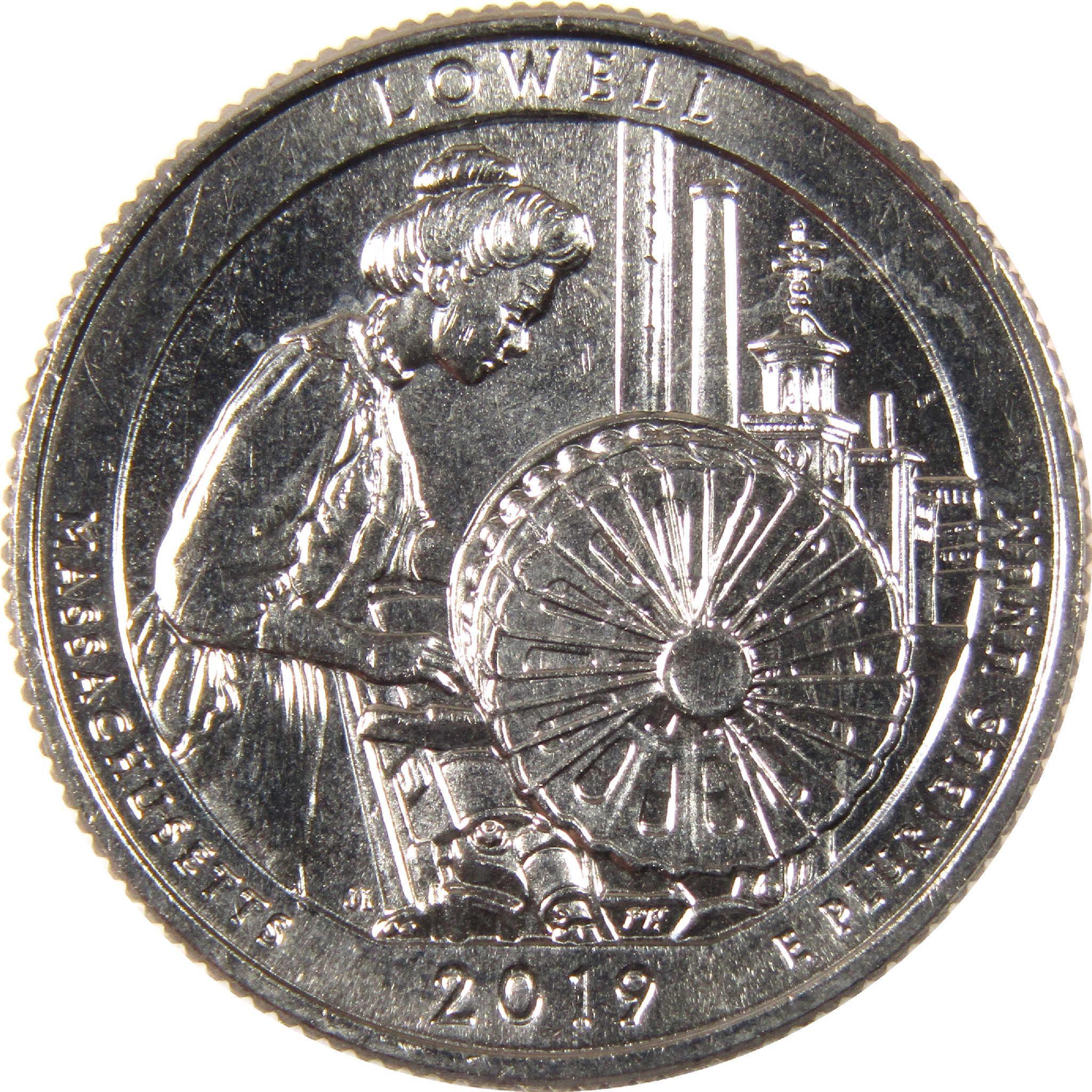 2019 Lowell Massachusetts quarter coin with mill girl and factory design