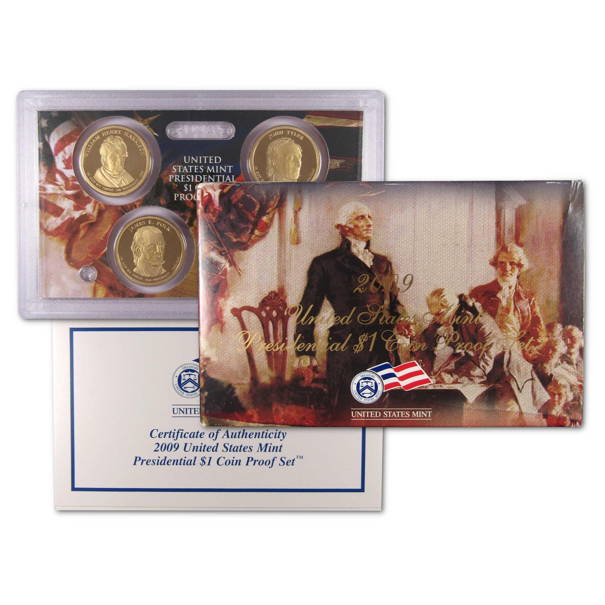 2009 United States Mint Presidential $1 Coin Proof Set with display case, packaging, and certificate of authenticity