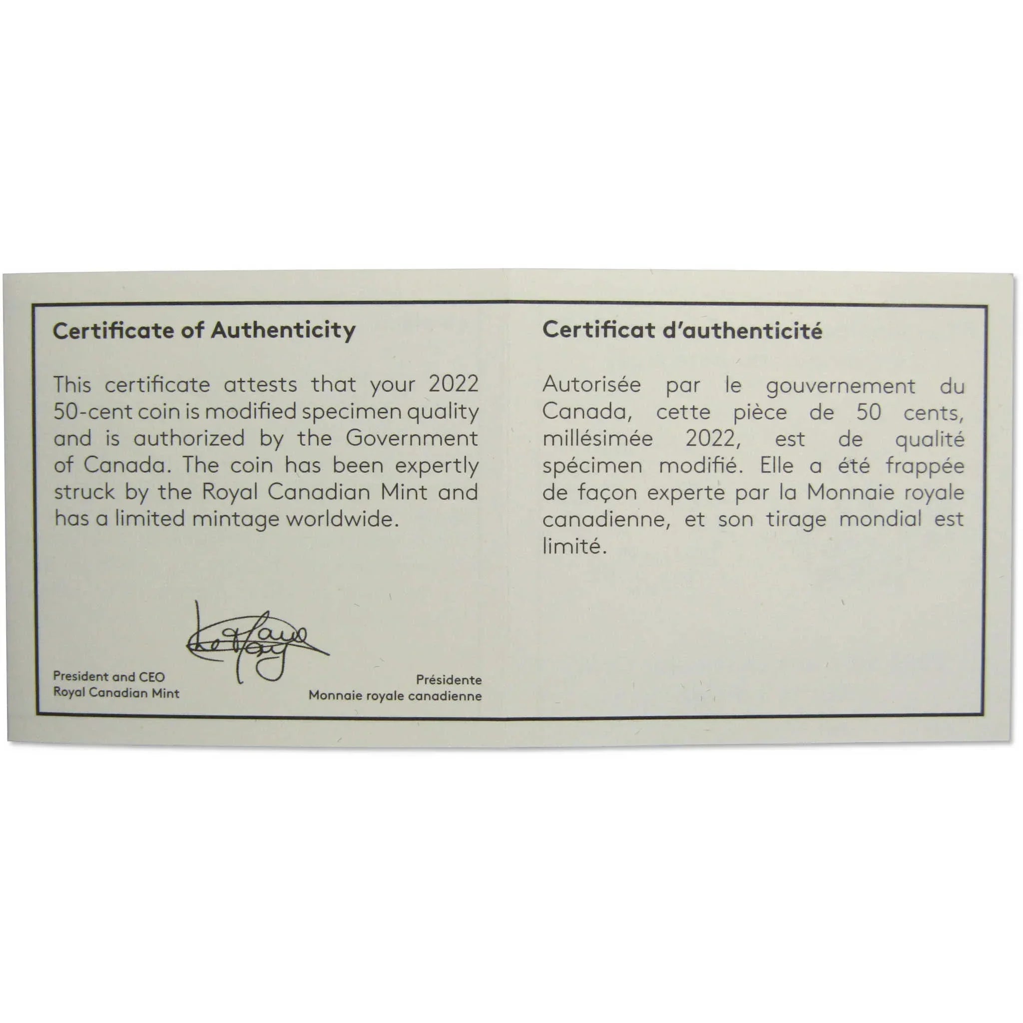 Certificate of authenticity for 2022 Canada 50-cent coin, Royal Canadian Mint, bilingual text