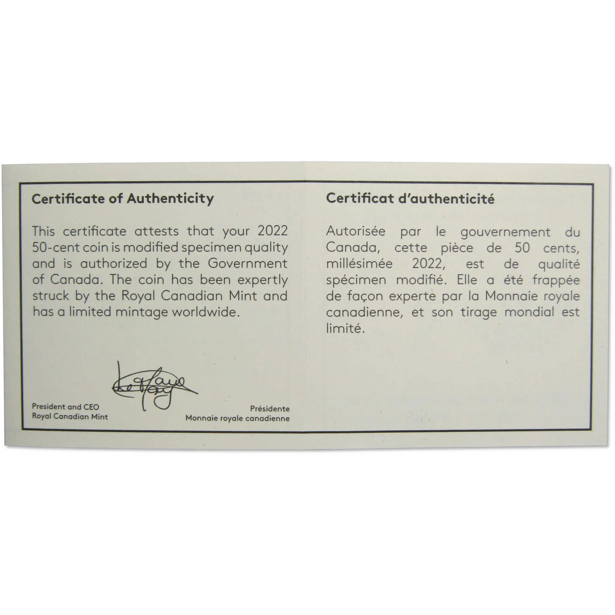 Certificate of authenticity for 2022 Canada 50-cent coin, Royal Canadian Mint, bilingual text