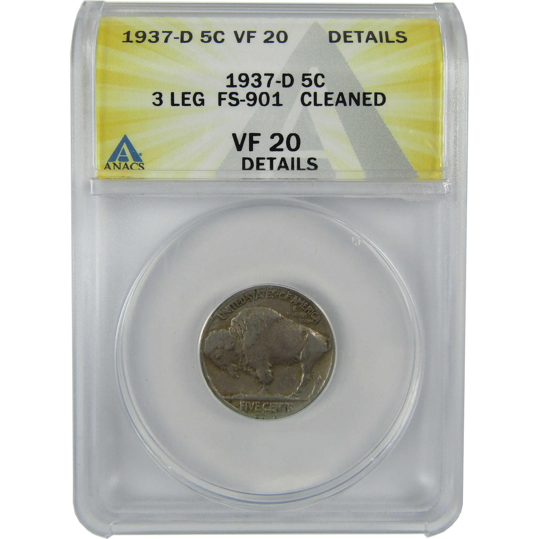 1937 D 3 Legs Indian Head Buffalo Nickel VF 20 Details ANACS SKU:CP763