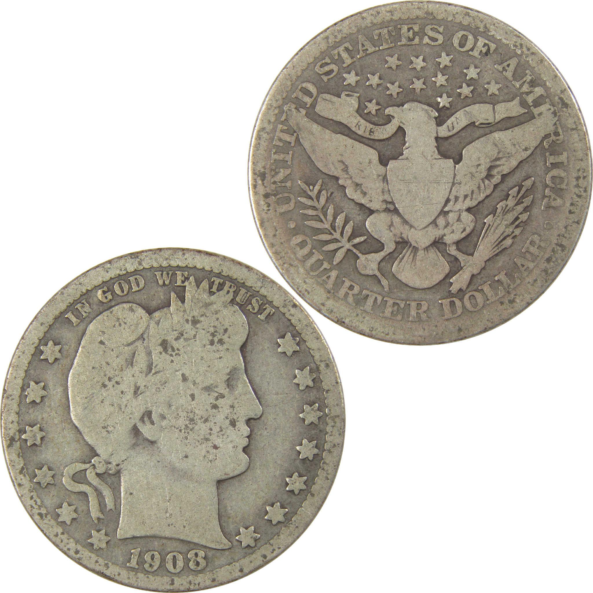 1908 Barber Quarter G Good Silver 25c Coin