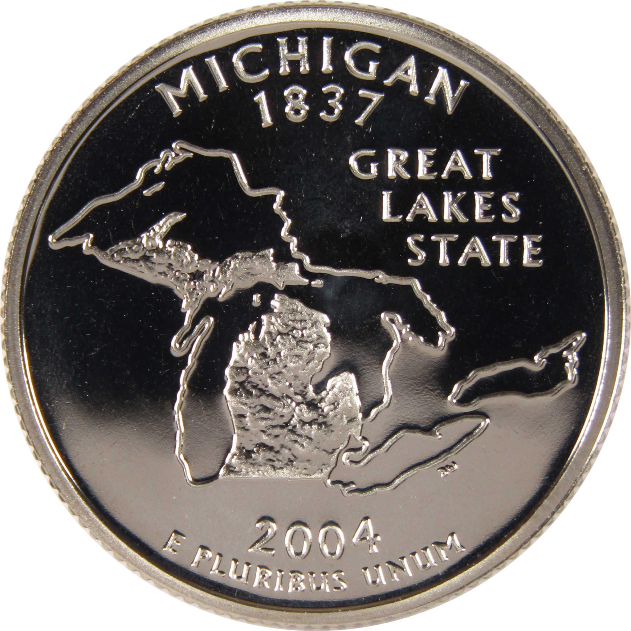 2004 Michigan state quarter featuring state outline and 'Great Lakes State' text