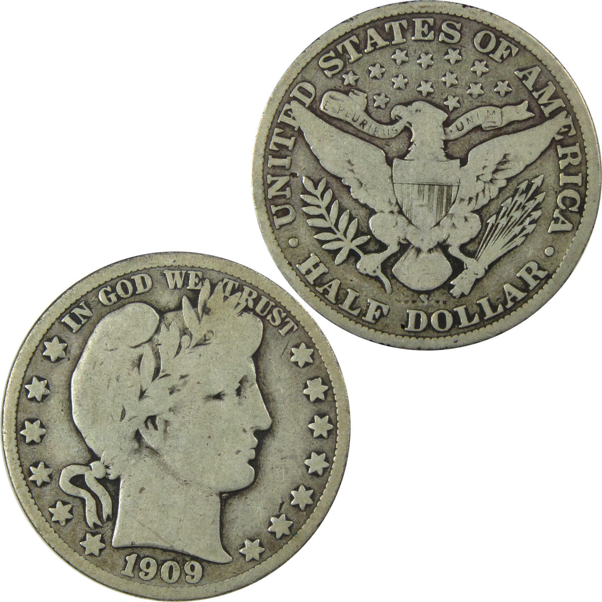 1909 S Barber Silver Half Dollar VG Very Good 50c Coin SKU:I25955