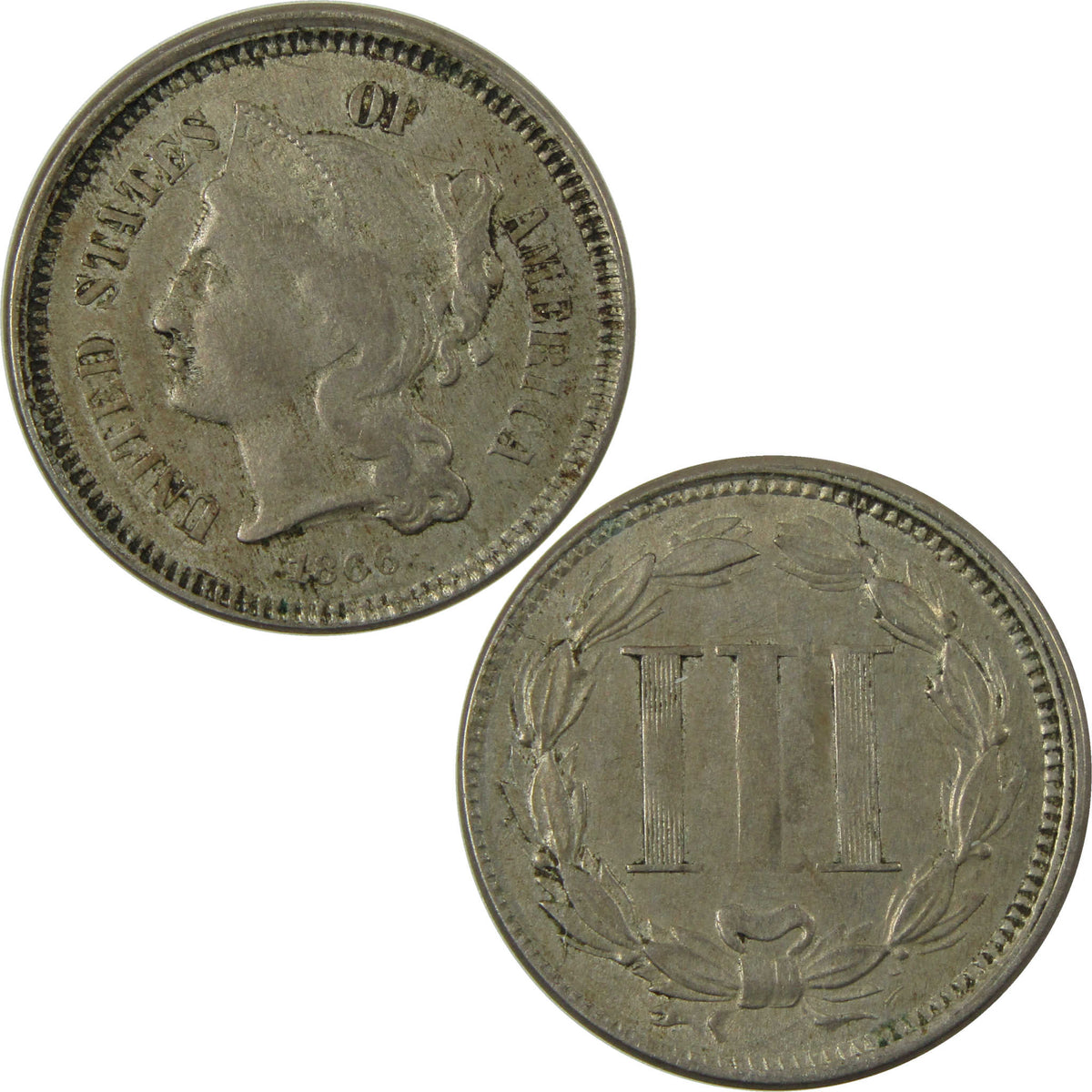 1866 Nickel Three Cent Piece XF EF Extremely Fine 3c Coin SKU:I28510