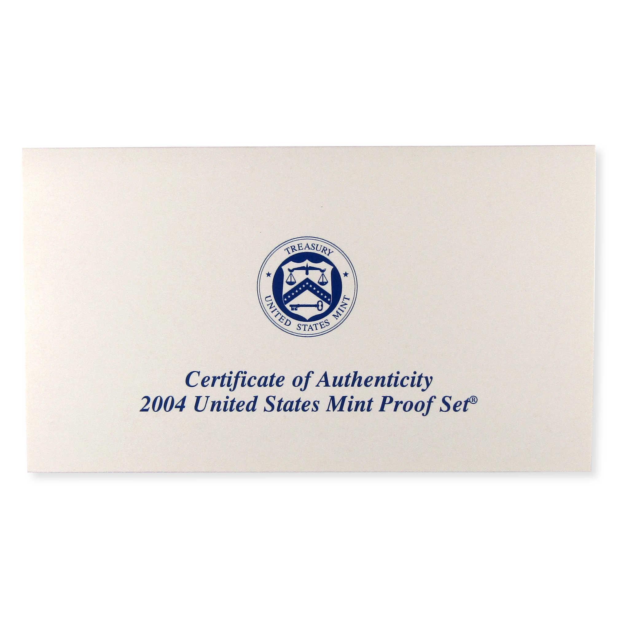 2004 United States Mint Proof Set certificate of authenticity with Treasury seal