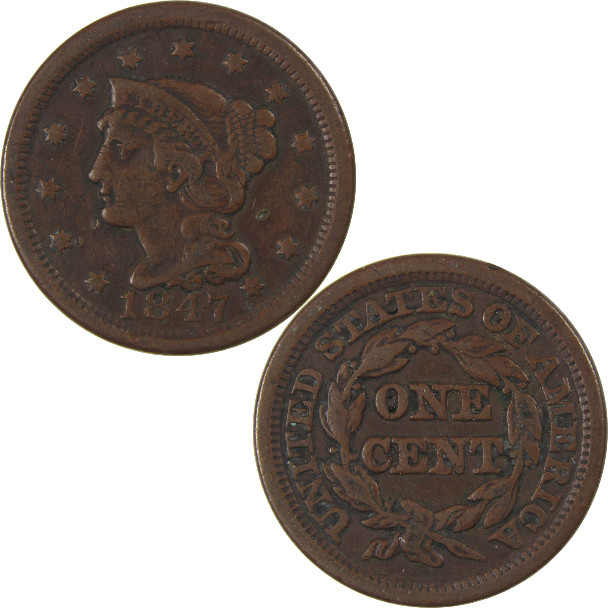 1847 Braided Hair Large Cent VF Very Fine Copper Penny SKU:I23841