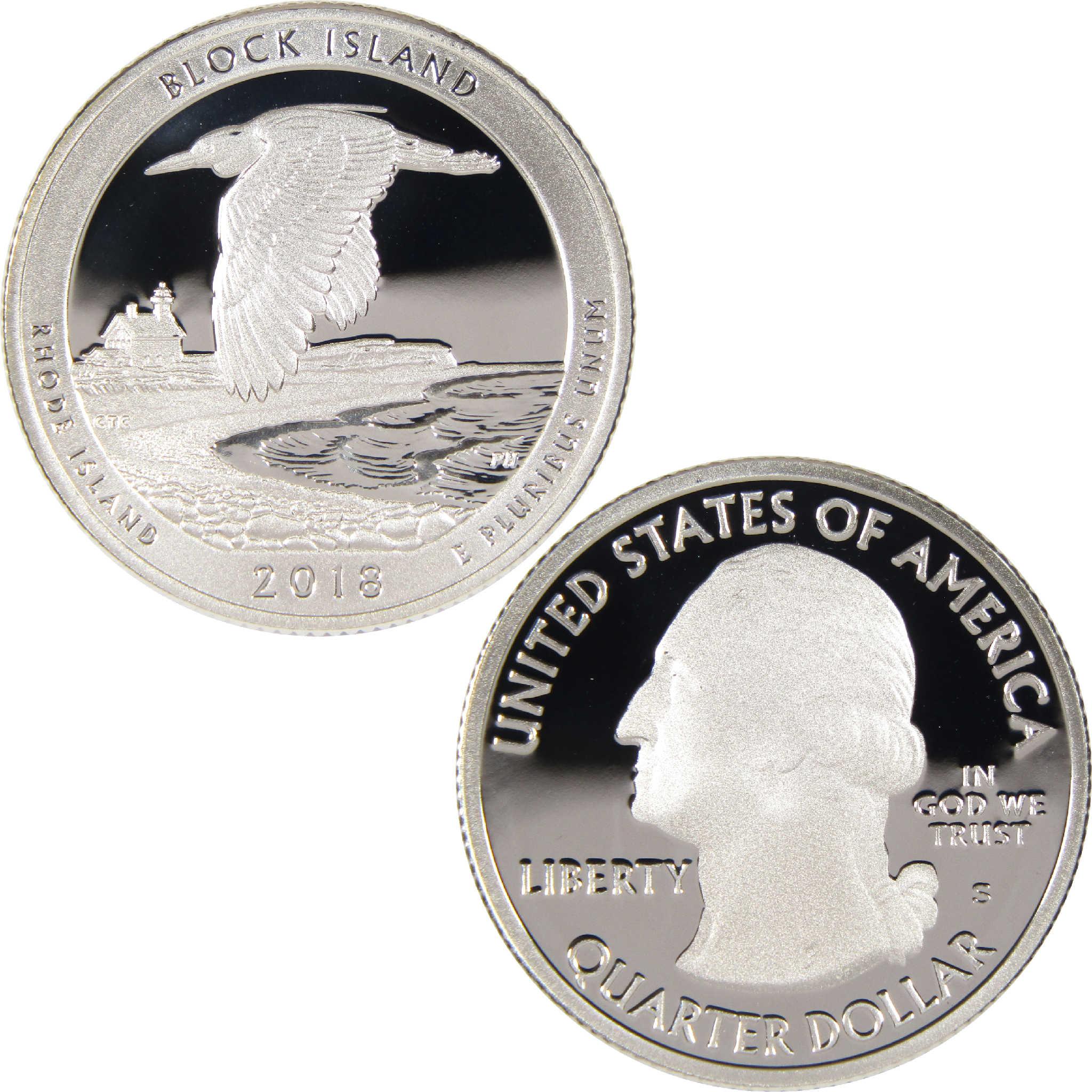 2018 Block Island Rhode Island quarter dollar collectible coin, proof finish, reverse and obverse shown.