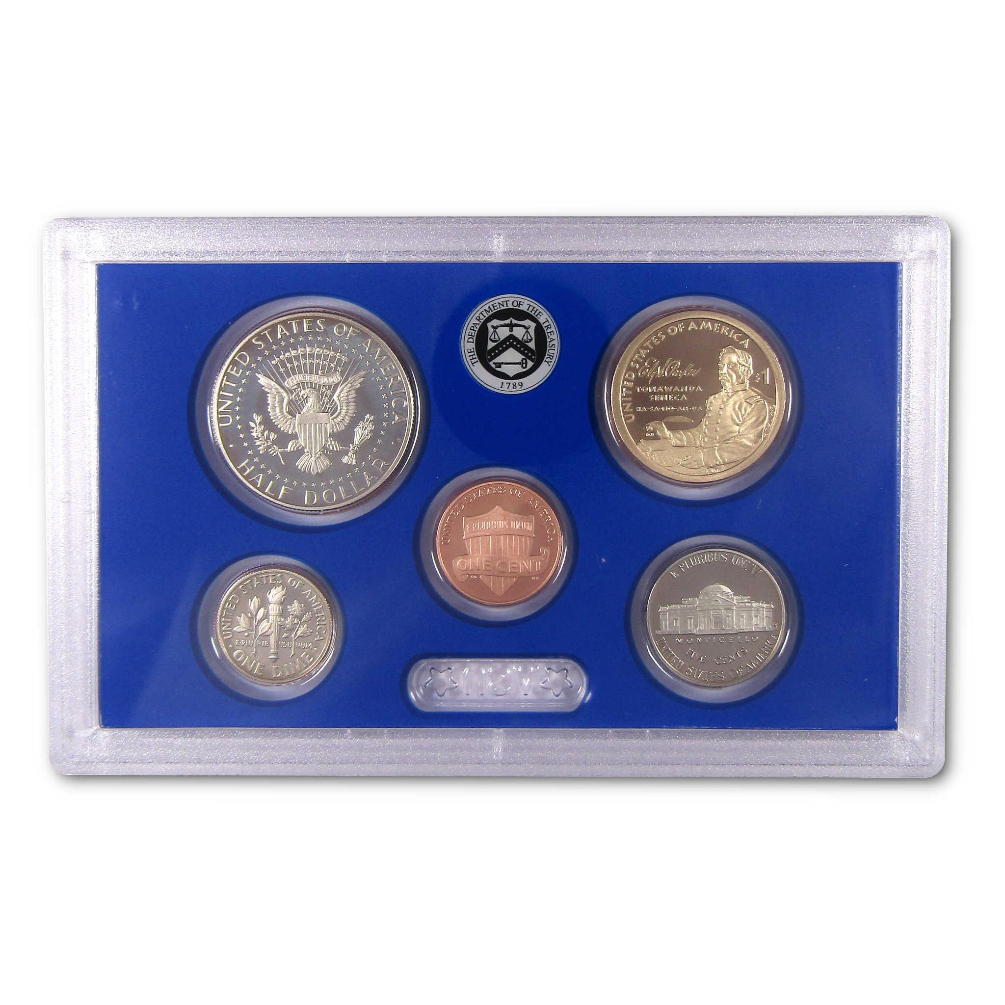 United States collectible coin set in blue plastic case, including half dollar, penny, and quarters.