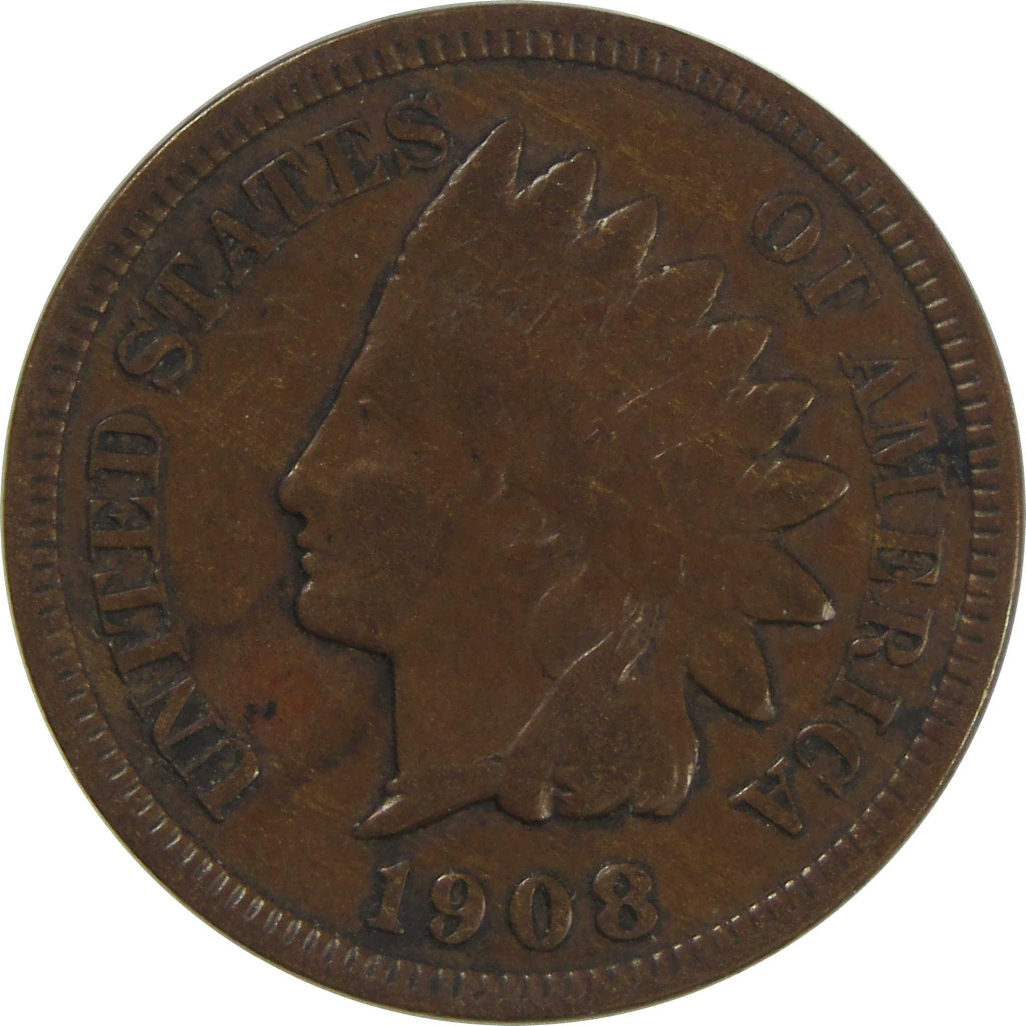 1908 S Indian Head Cent VF Very Fine Penny 1c Coin SKU:CPC0750