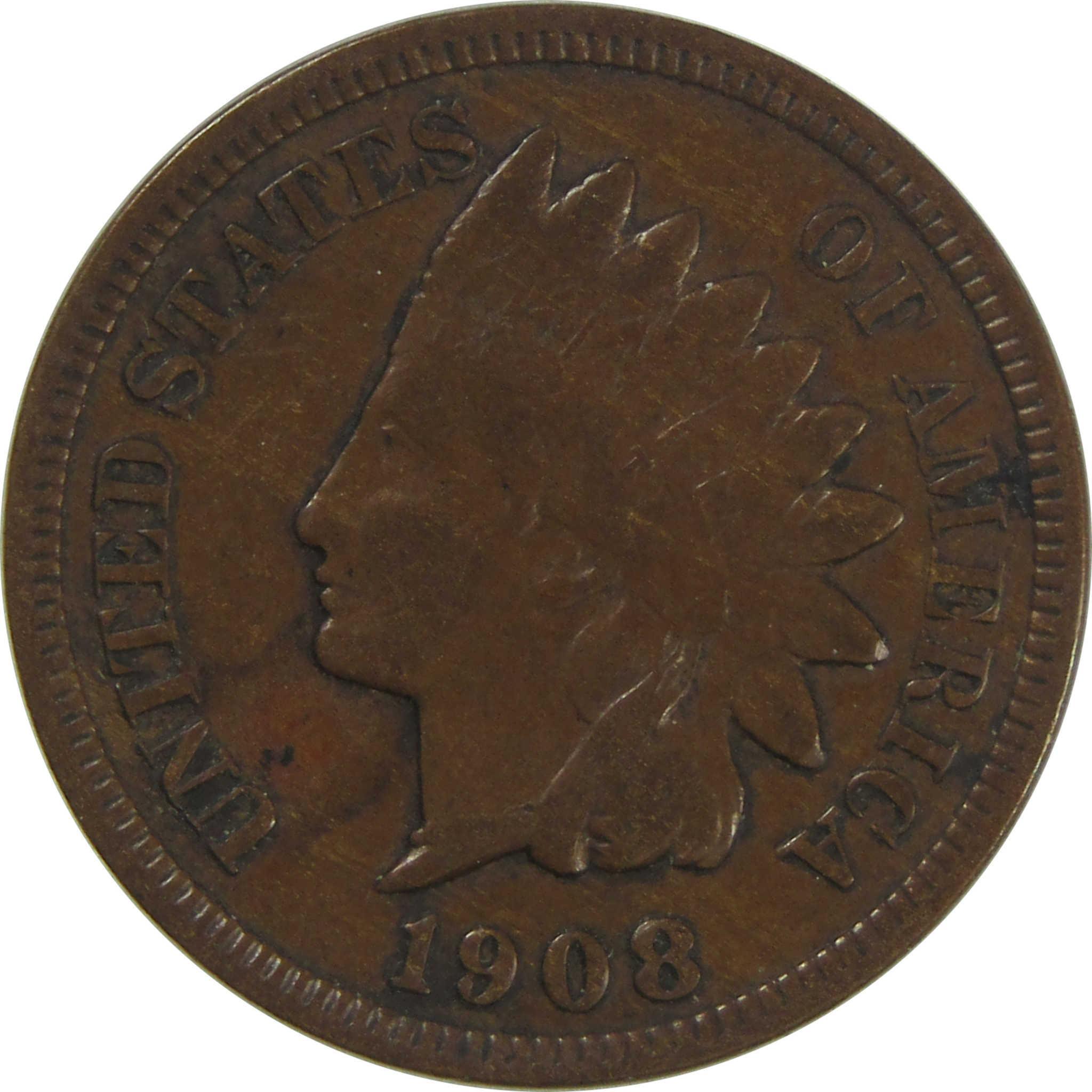 1908 S Indian Head Cent VF Very Fine Penny 1c Coin SKU:CPC0750
