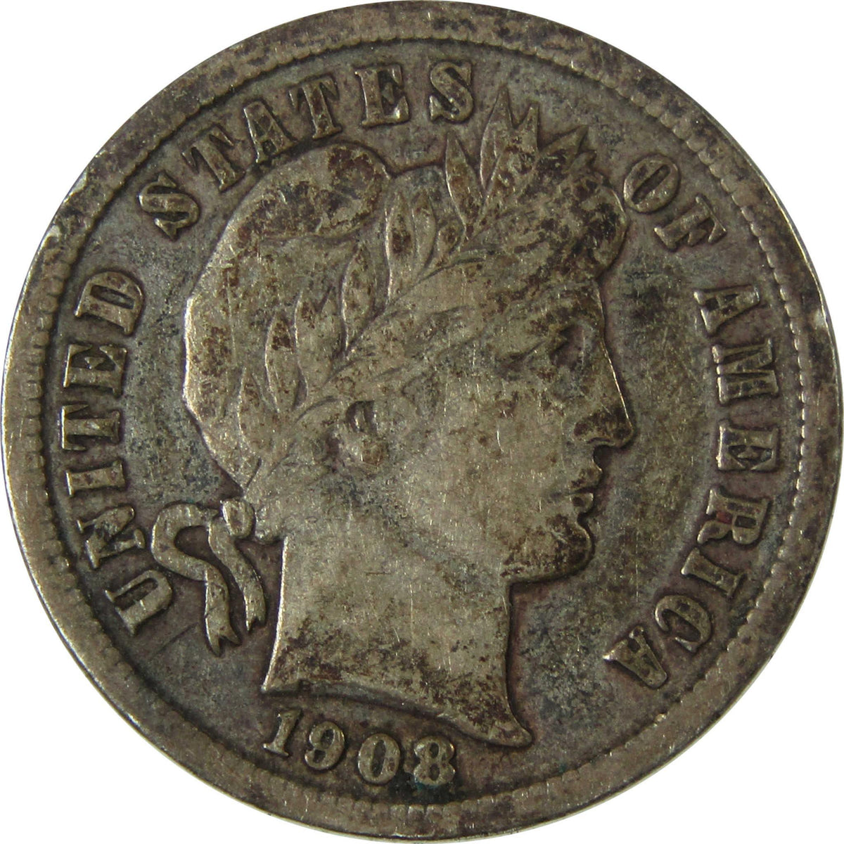 1908 D Barber Silver Dime F Fine 10c Coin Collectible SKU:CP997