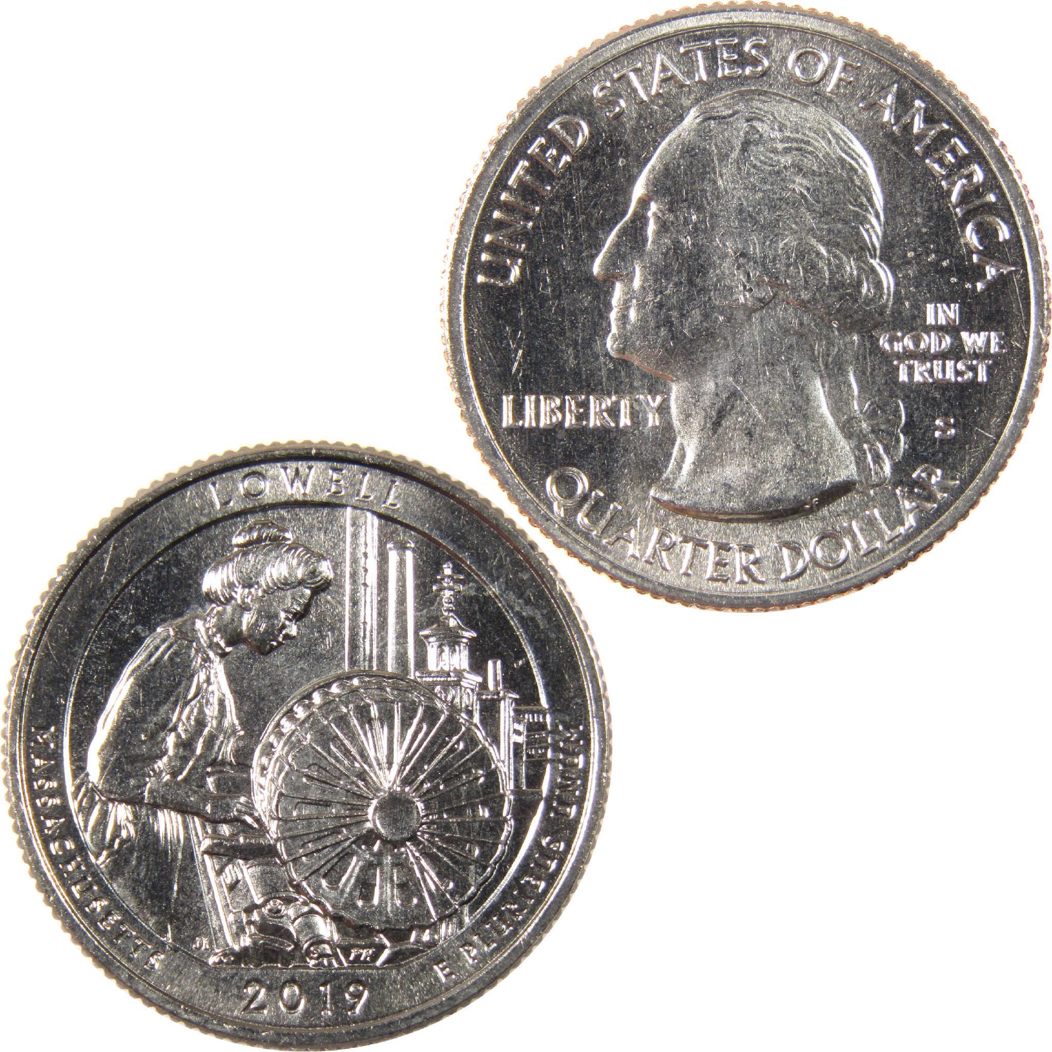 2019 Lowell National Park collectible quarter, U.S. coin with George Washington and textile mill design