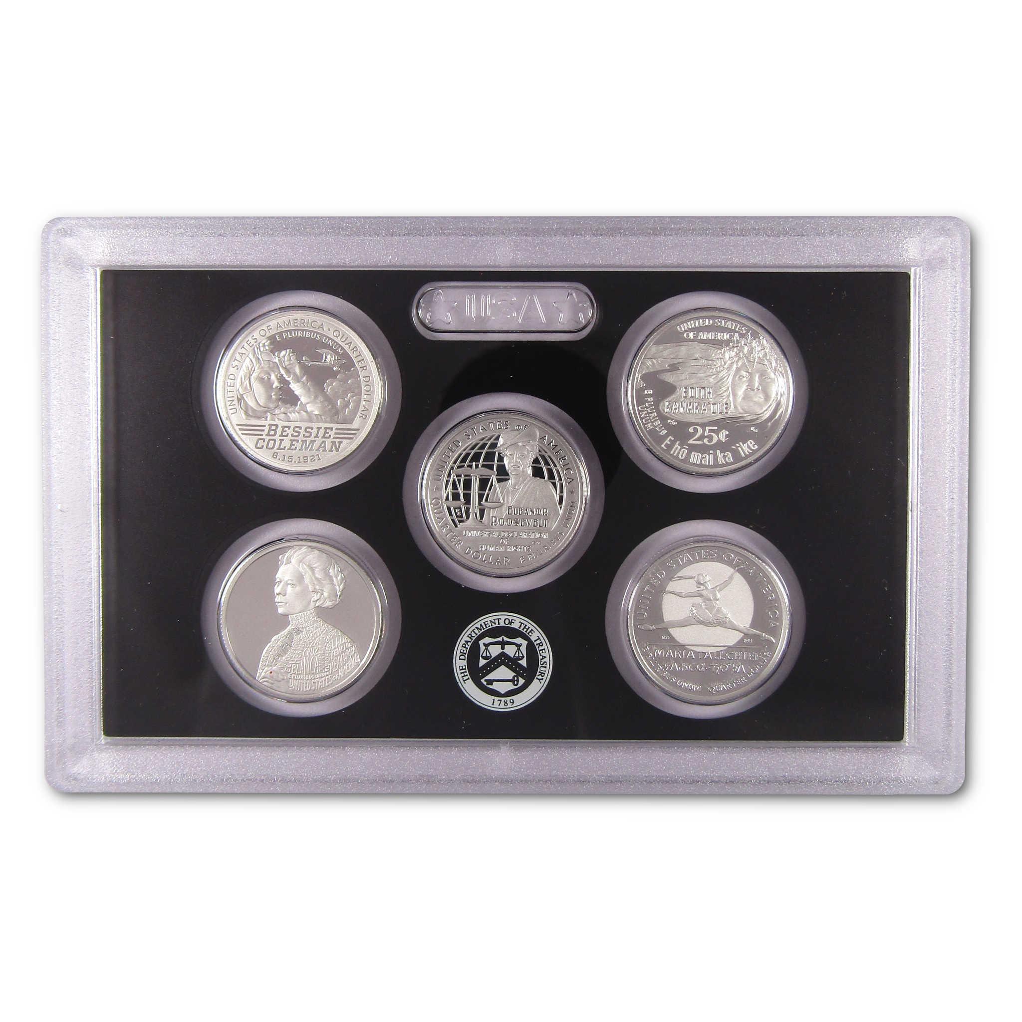 Proof coin set featuring five collectible U.S. quarters in a clear display case.