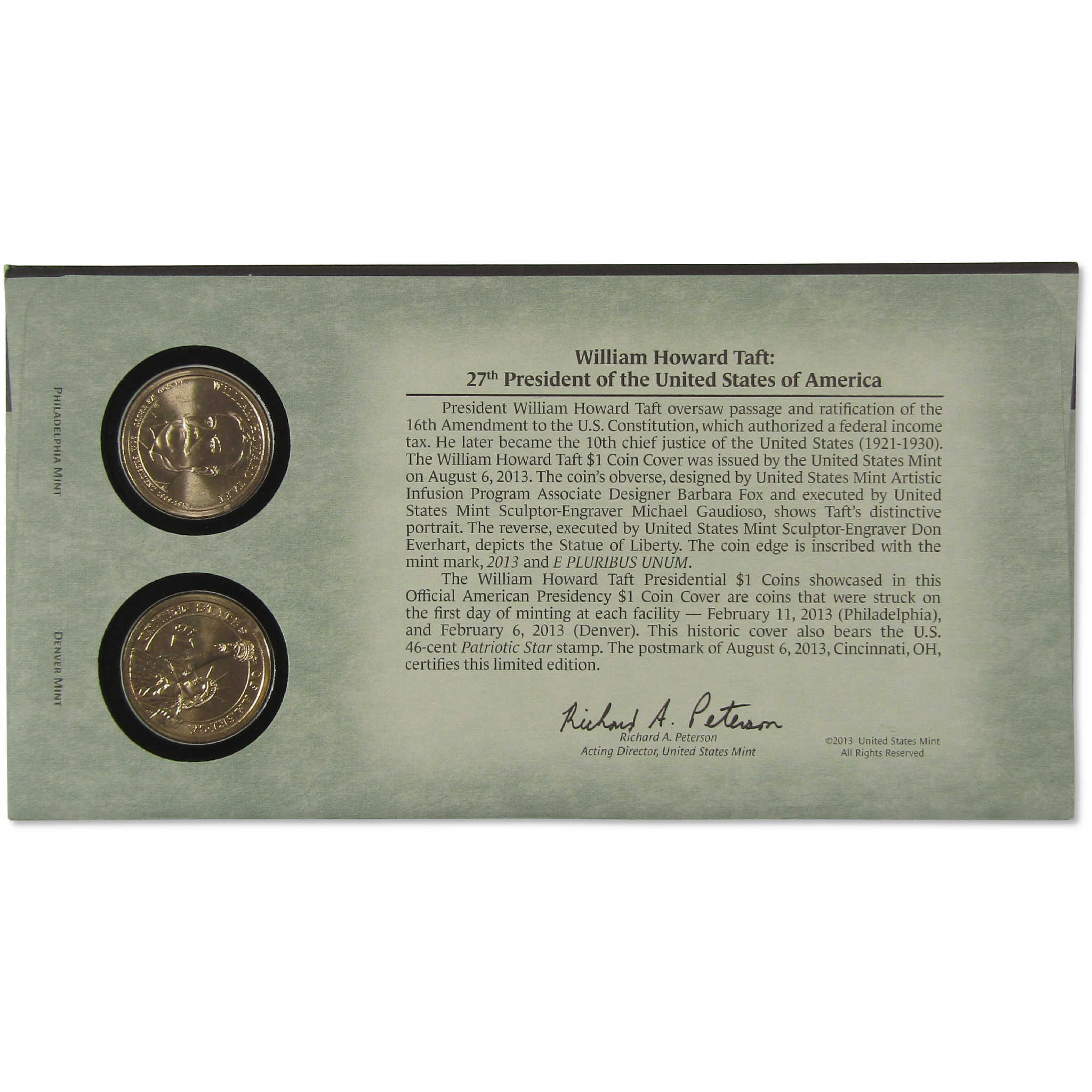 2013 William H. Taft American Presidency $1 Coin Cover SKU:CPC9868