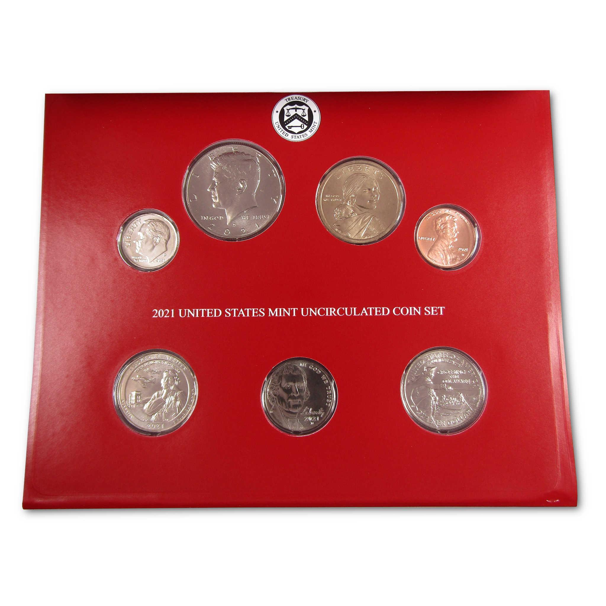 2021 United States Mint uncirculated coin set in red display holder, featuring seven collectible coins.