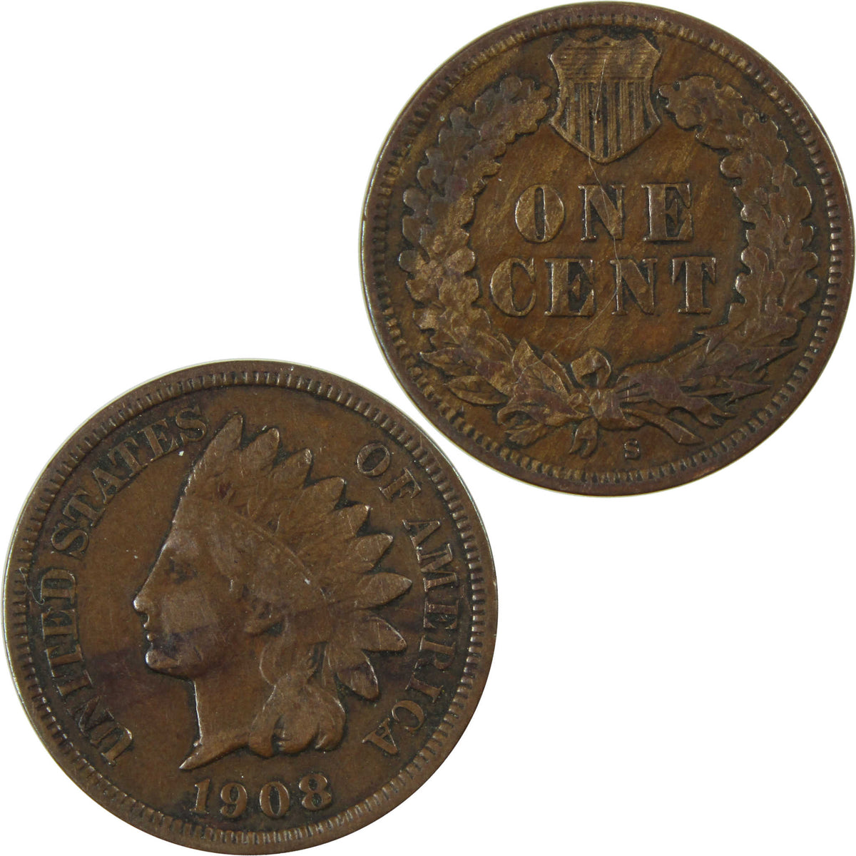 1908 S Indian Head Cent VF Very Fine Penny 1c Coin SKU:I28642