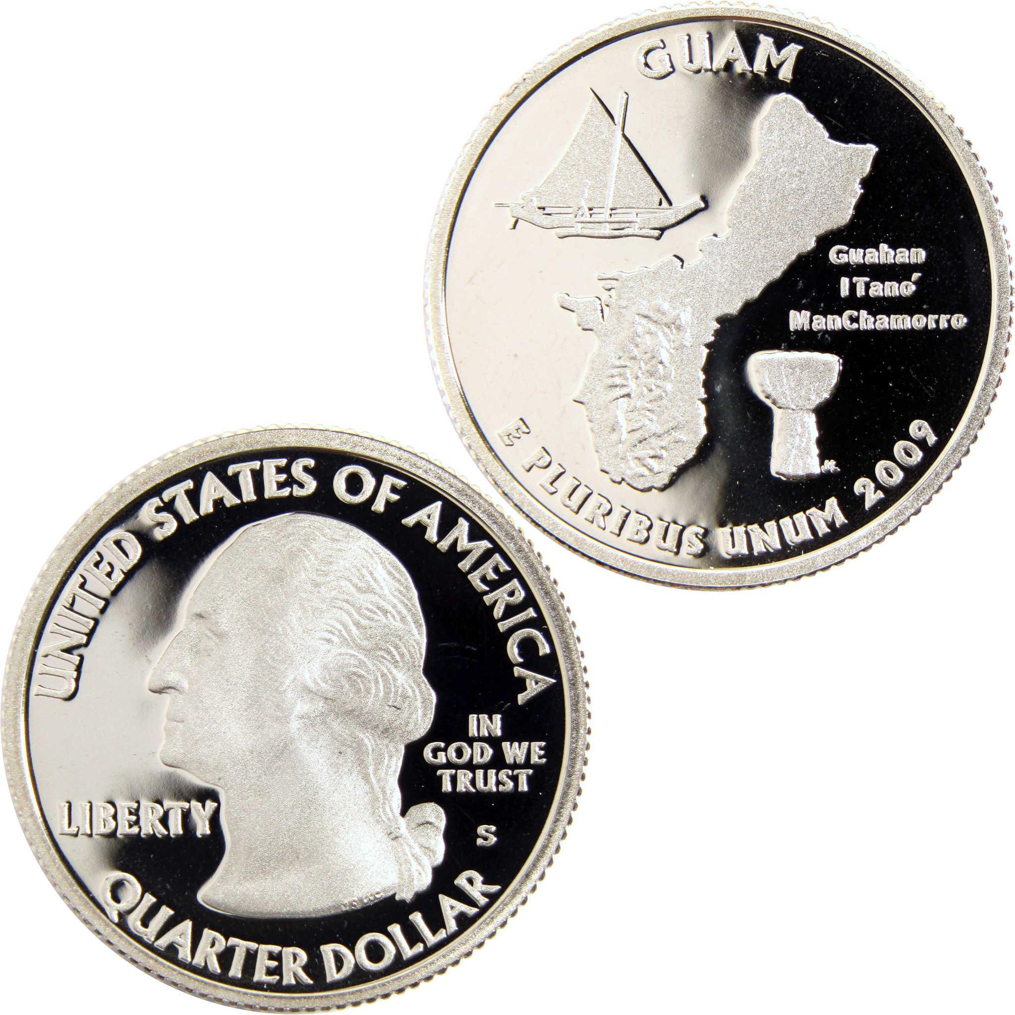 2009 Guam quarter dollar coin, collectible proof coin with George Washington portrait and Guam map design.