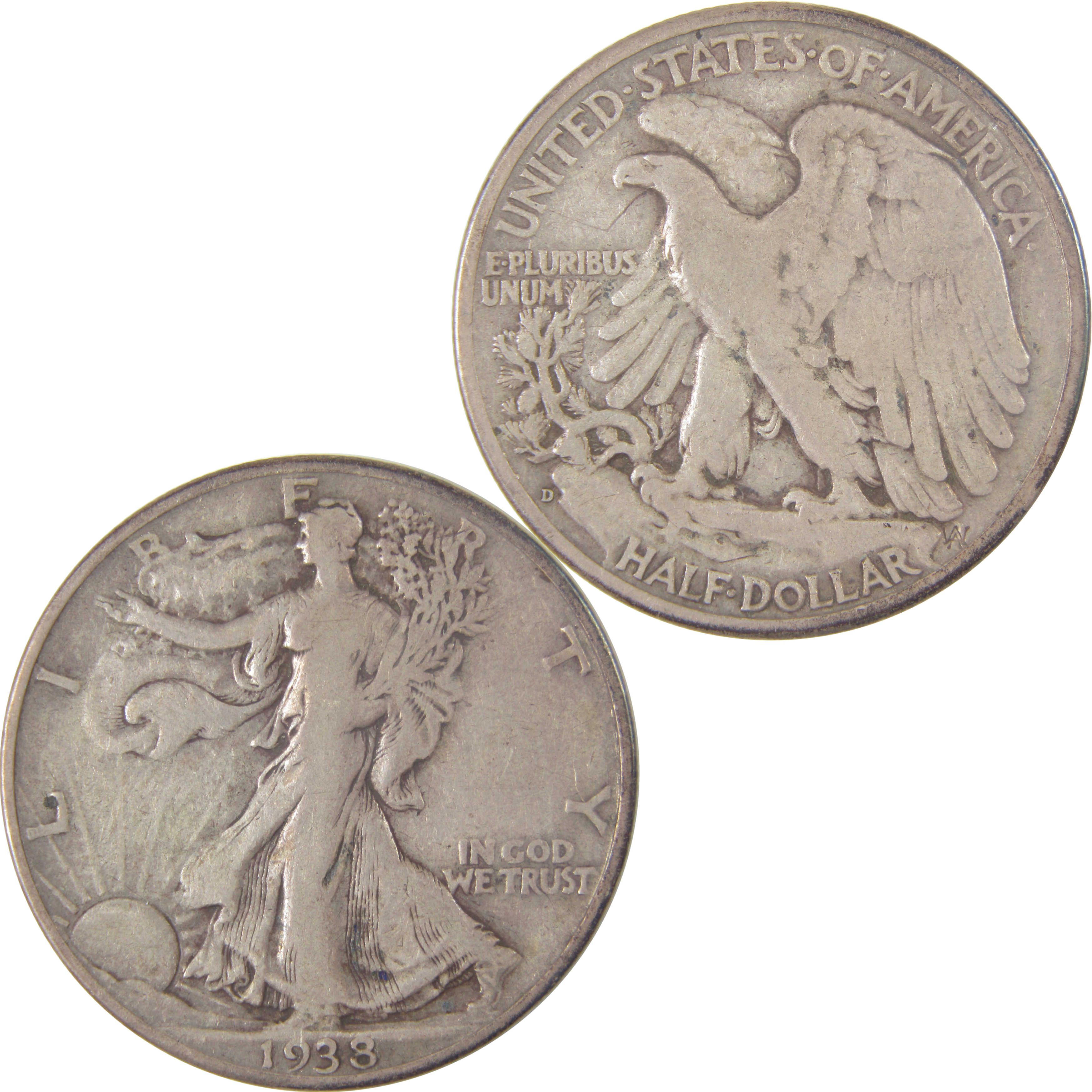 1938 D Liberty Walking Half Dollar F Fine Silver 50c Coin SKU:I17084