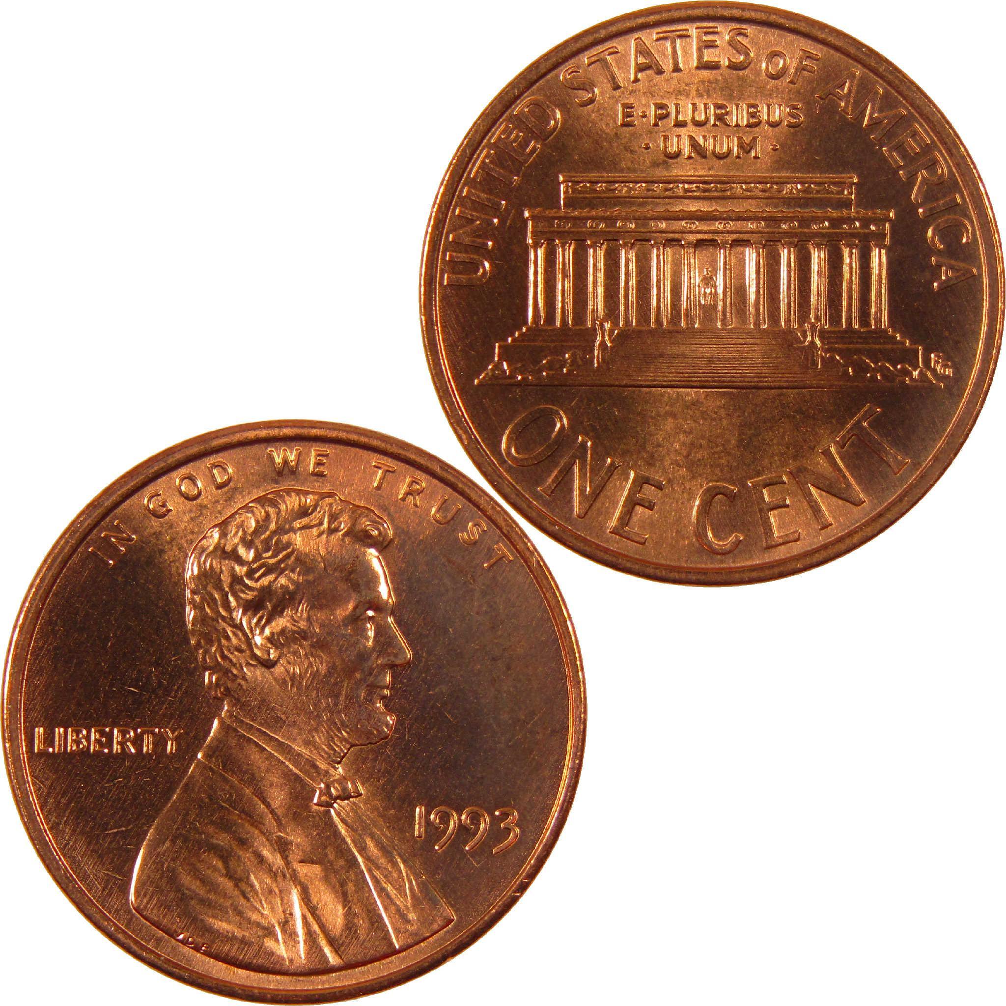 1993 Lincoln penny showing obverse with Lincoln portrait and reverse with Lincoln Memorial