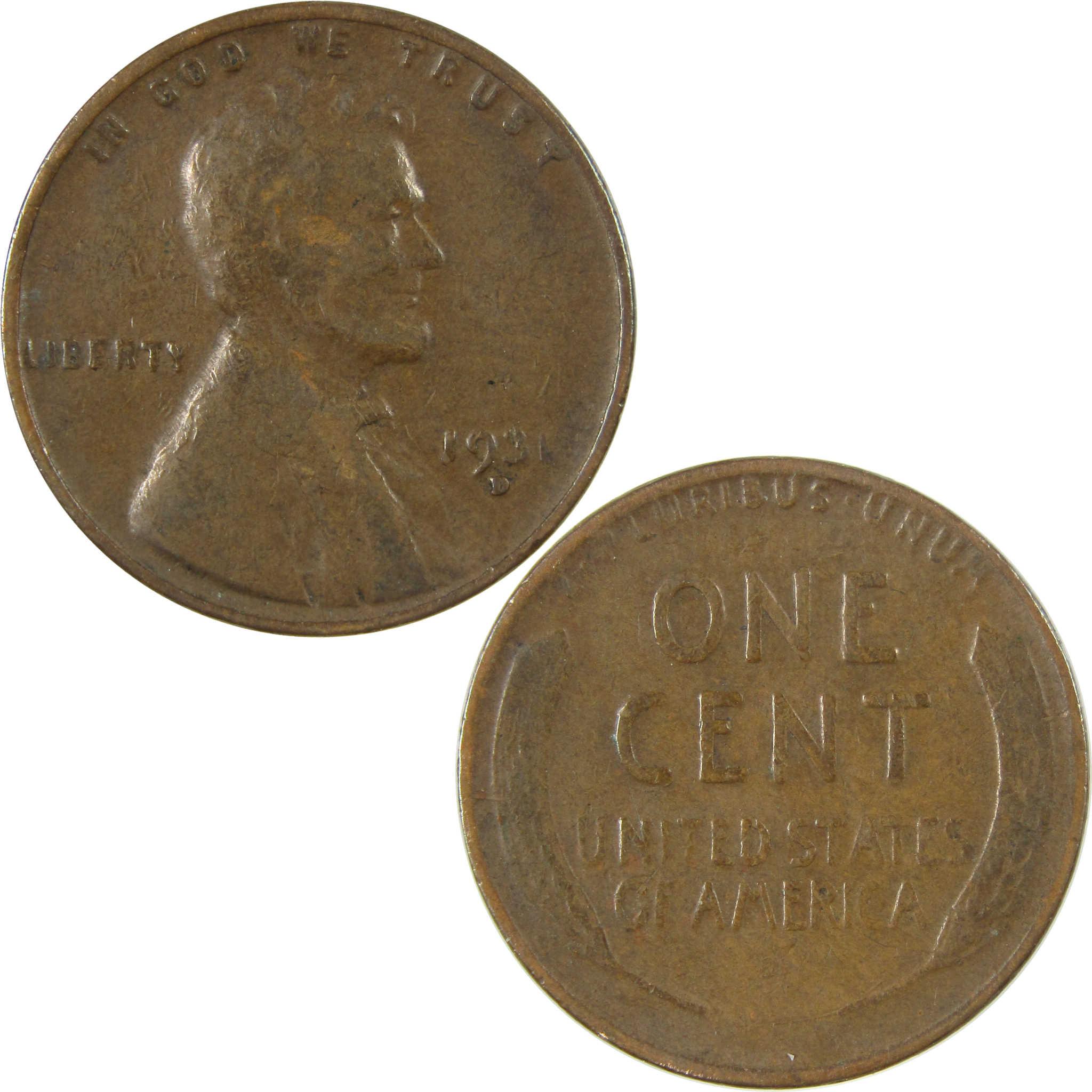1931 D Lincoln Wheat Cent F Fine Penny 1c Coin Collectible SKU:I26799
