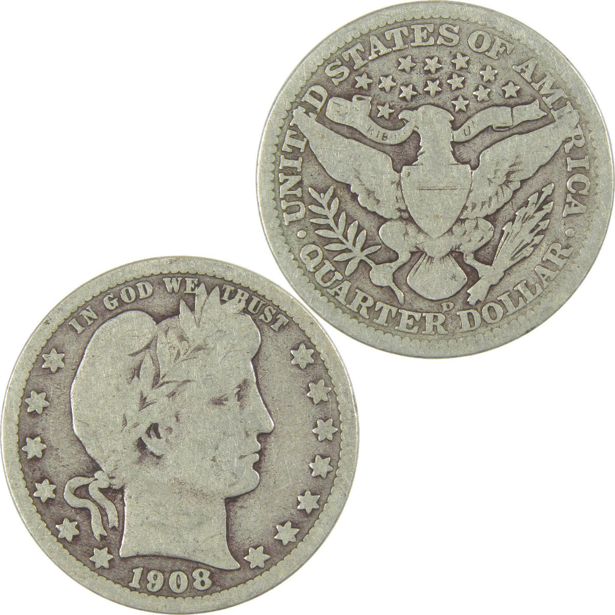 1908 D Barber Silver Quarter G Good 25c Coin Collectible