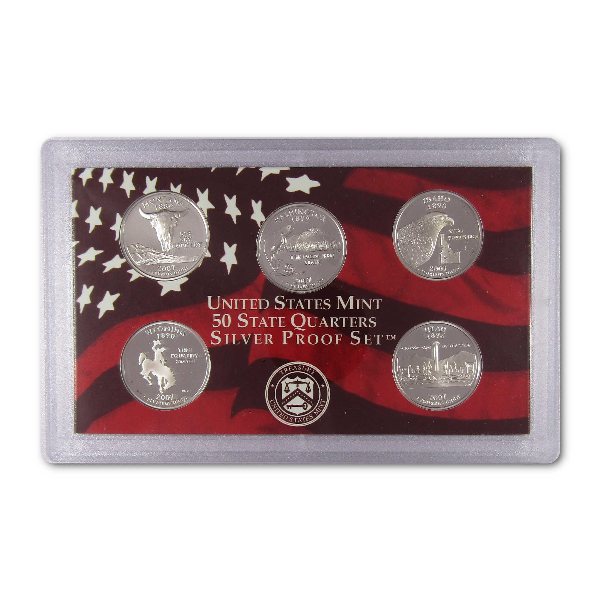 United States Mint 50 State Quarters silver proof set in clear case, collectible coins display