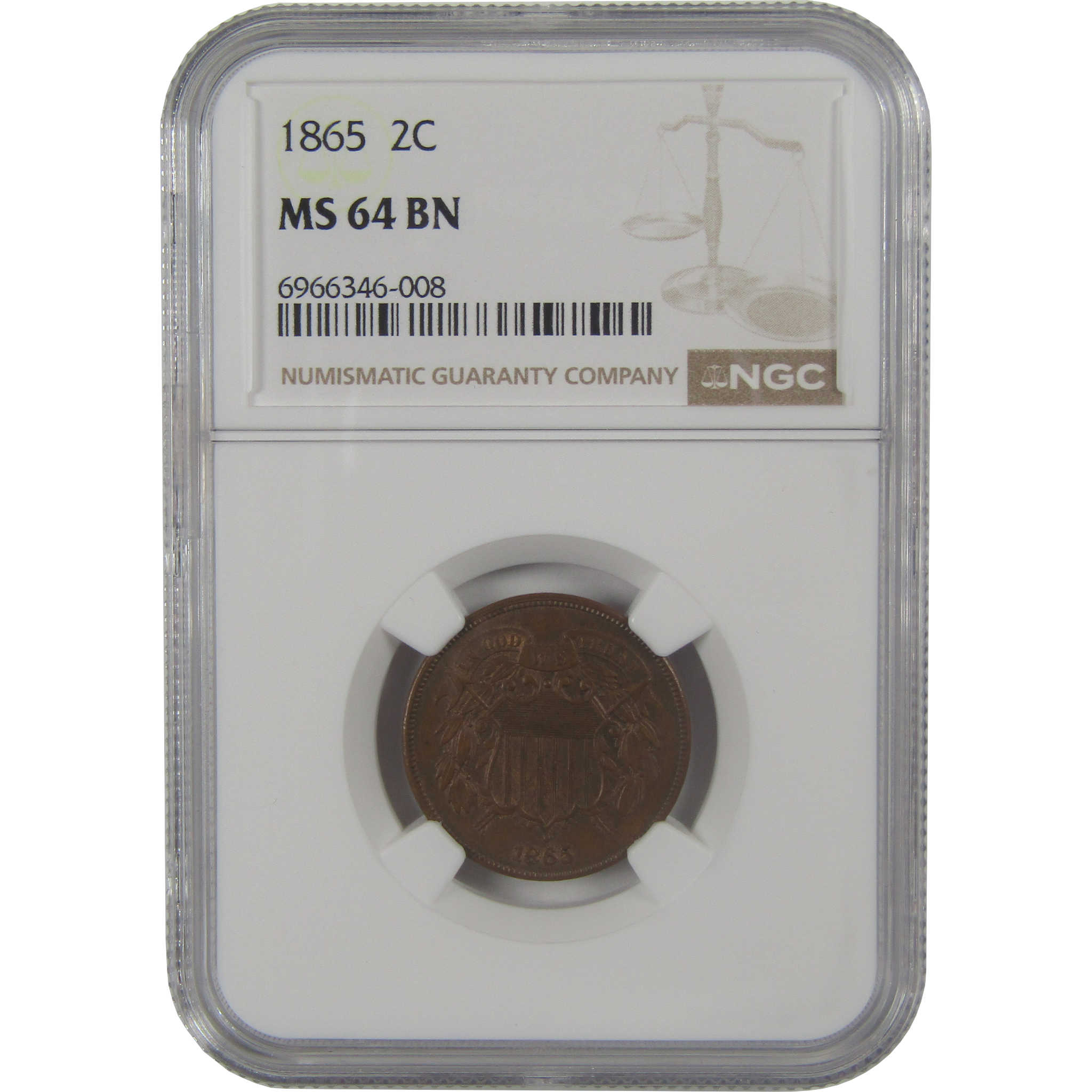 1865 Two Cent Piece MS 64 BN NGC Uncirculated 2c Coin Collectible