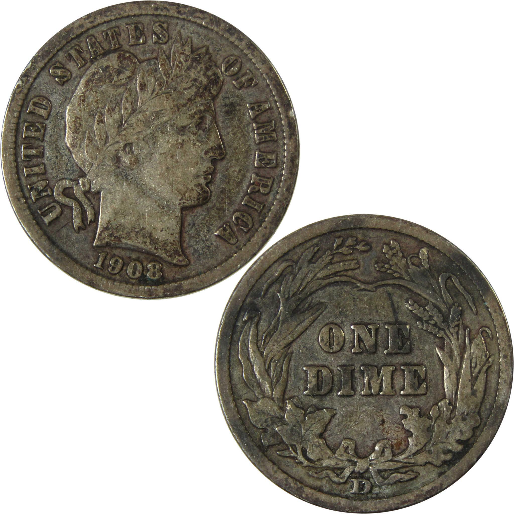 1908 D Barber Silver Dime F Fine 10c Coin Collectible SKU:CP997